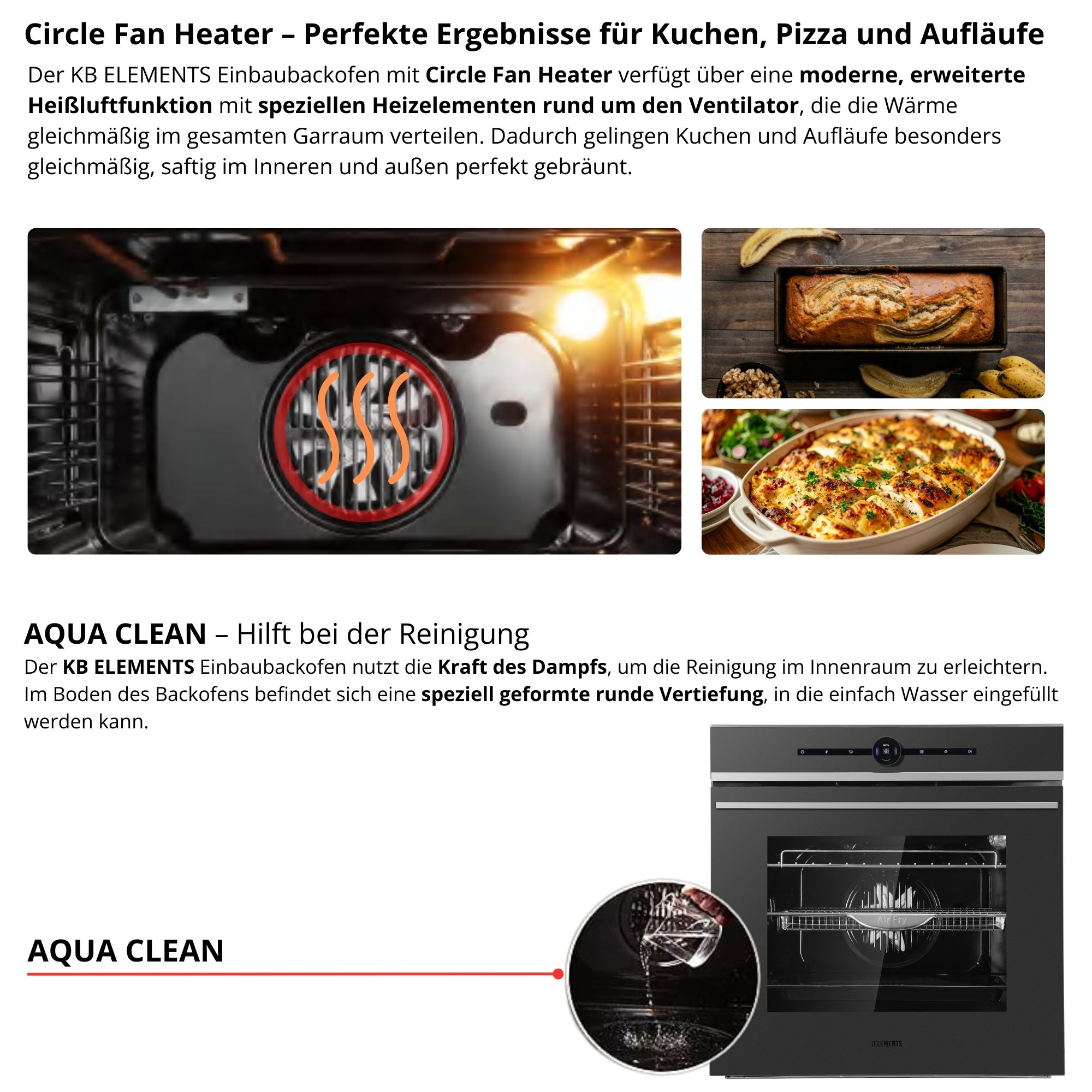 Einbauofen mit Lüfter, Bananenbrot, Auflauf und Aqua Clean Funktion mit Wasserschale.
