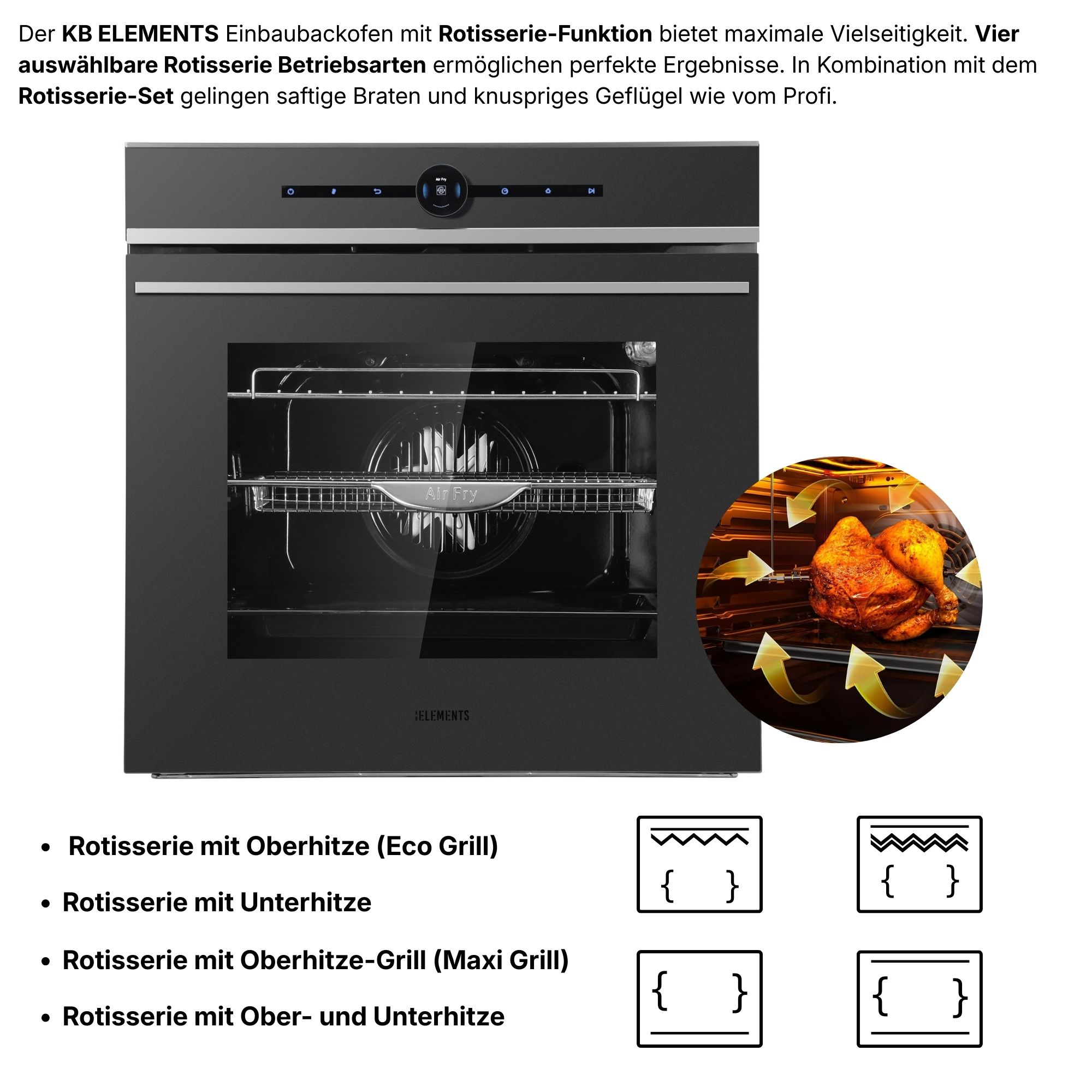 Einbauofen mit Rotisserie und Hähnchenbraten innen. Zeigt vier Betriebsarten.