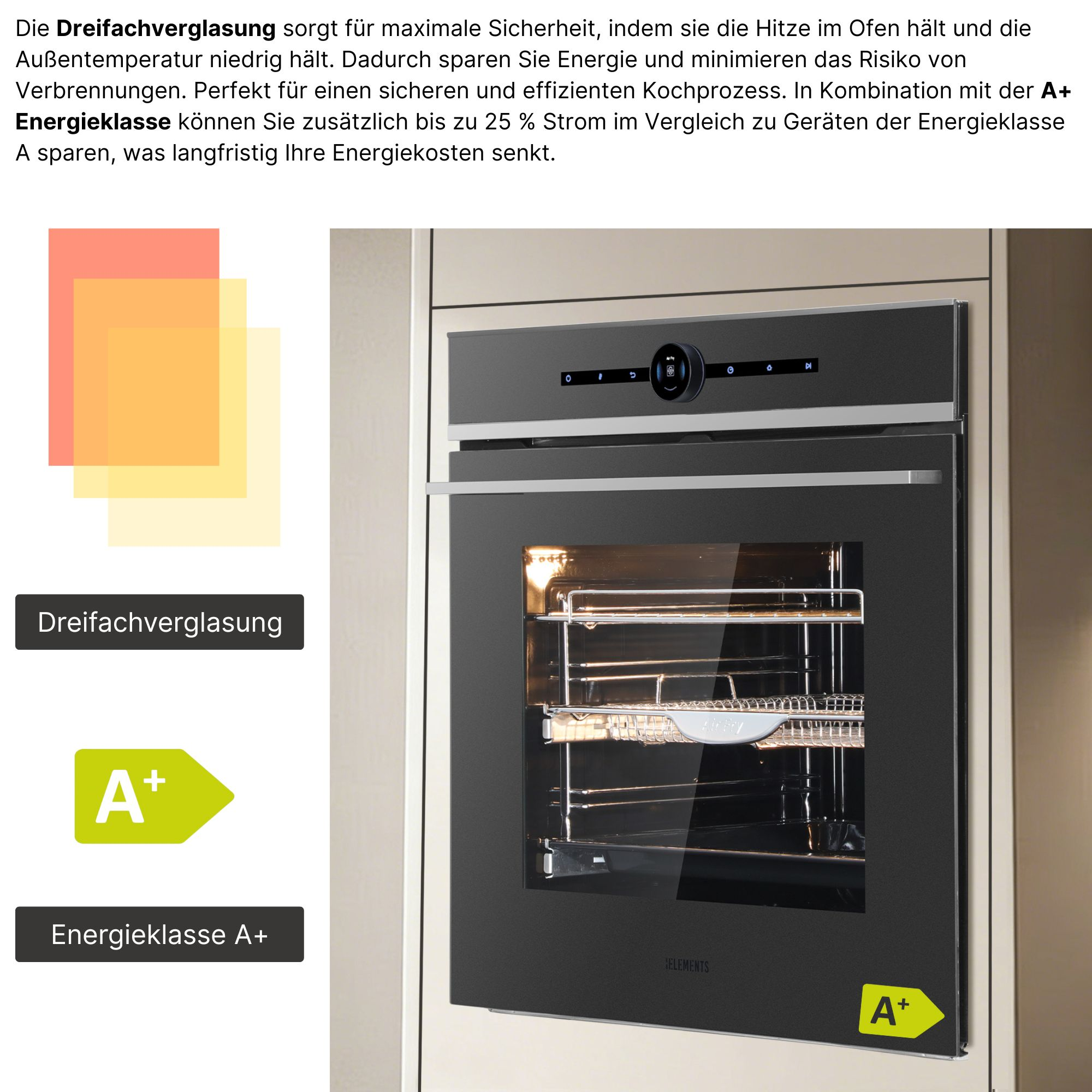 Ein moderner Ofen mit Dreifachverglasung und Energieklasse A+. Innen sind Einschübe zu sehen.