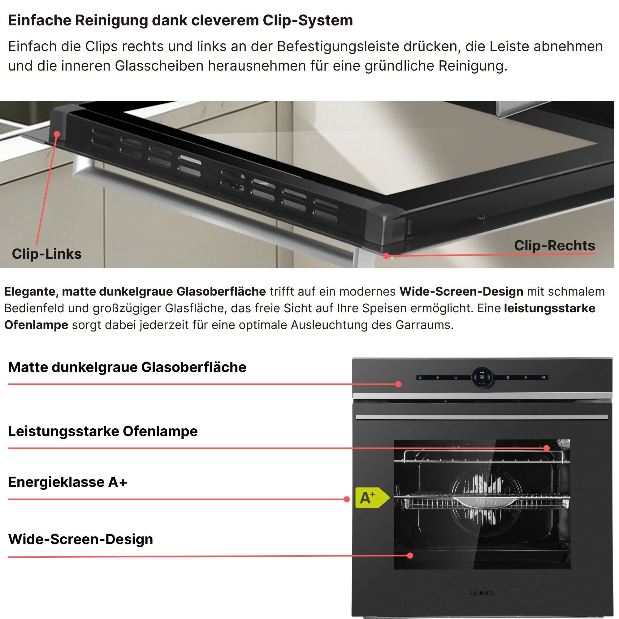 Moderner Einbauherd mit Glasfront, Touch-Bedienfeld und Energieeffizienz A+.