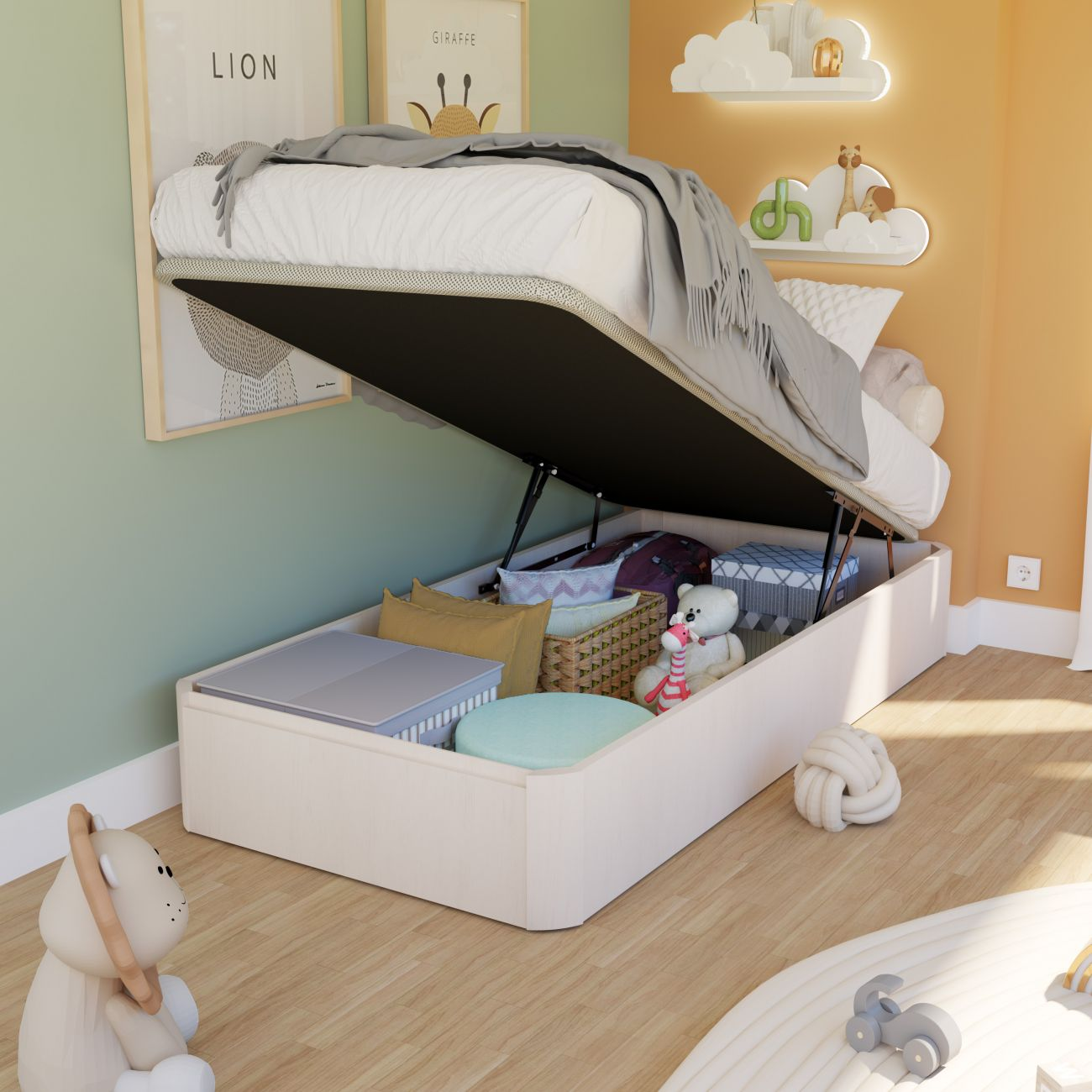 Habitación infantil con cama canapé abierta, llena de juguetes y cojines. Decoración pared.