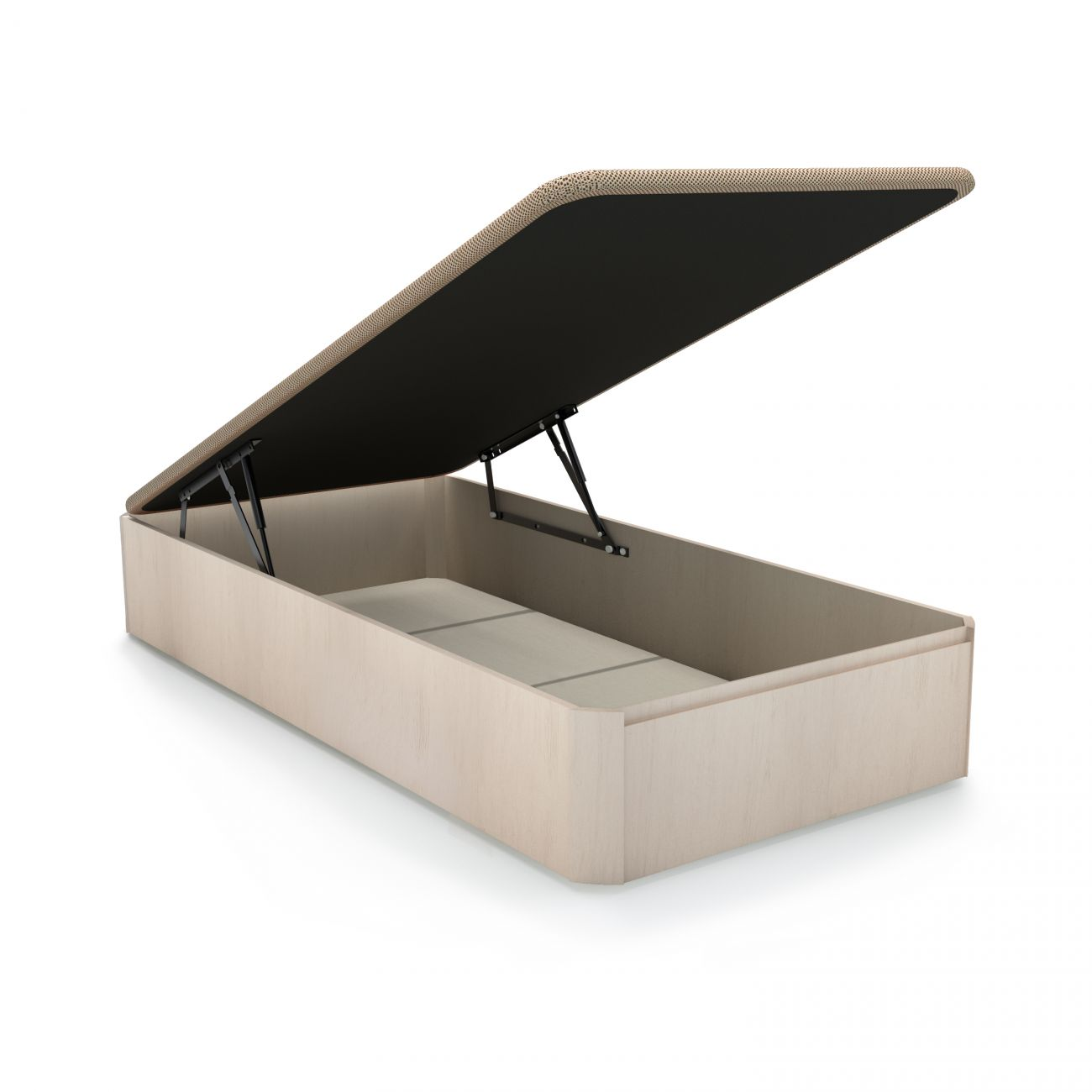 Una base de cama abierta con marco beige y forro interior negro.