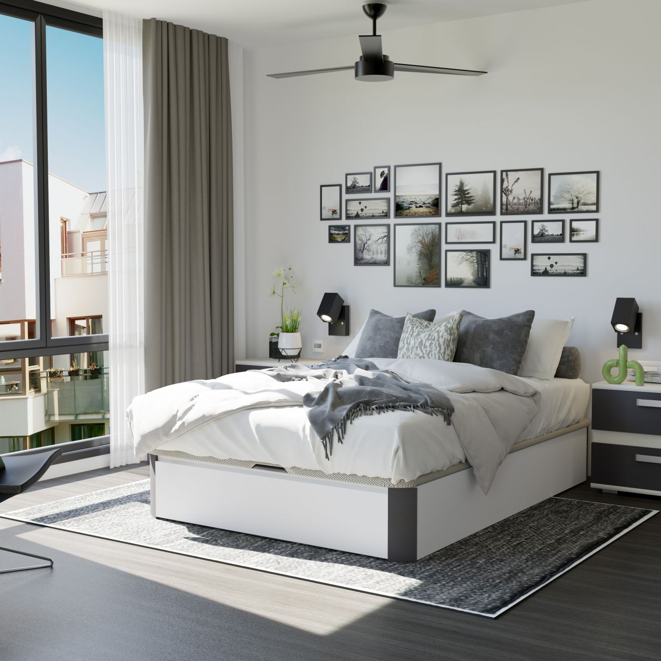 Dormitorio moderno con cama grande, arte en pared y vista ventana.