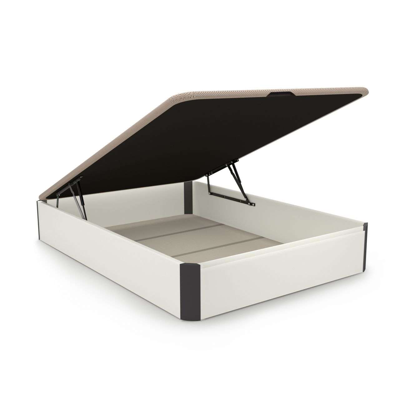 Una base de cama blanca abierta con tapicería beige e interior negro.
