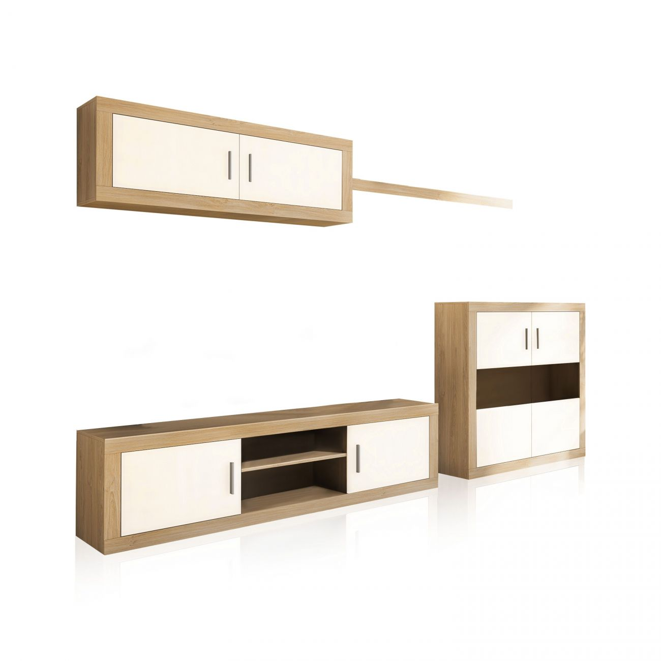 Conjunto de muebles de madera con puertas blancas: mueble de pared, mueble TV y armario.