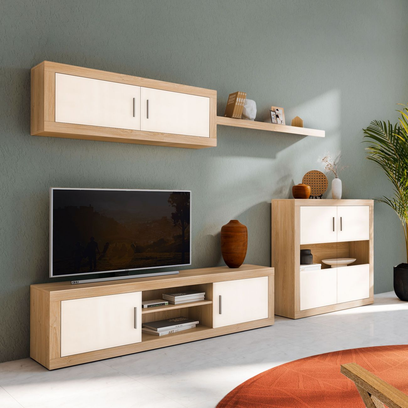 Sala de estar moderna con muebles de madera, TV y alfombra naranja.