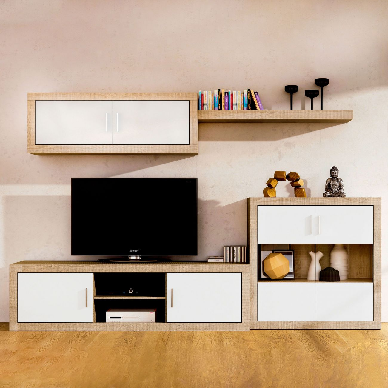 Estantería de salón moderna con TV, libros, decoración y estatua de Buda.