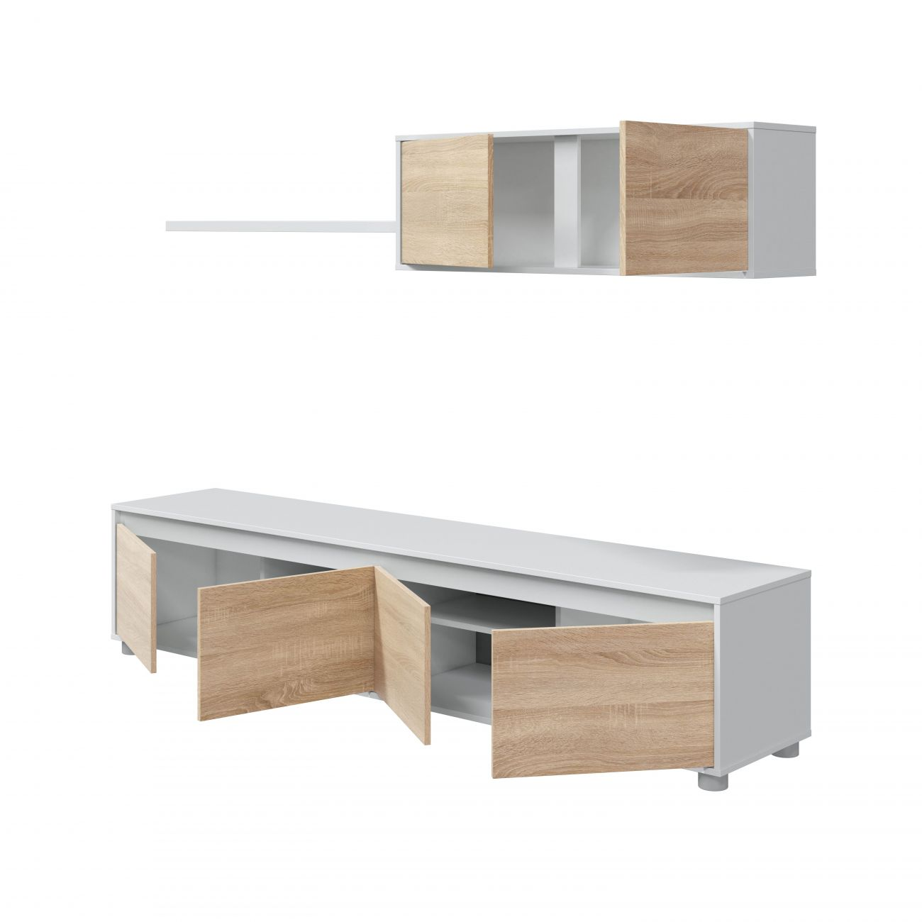 Un mueble de TV blanco con puertas de madera y un estante.