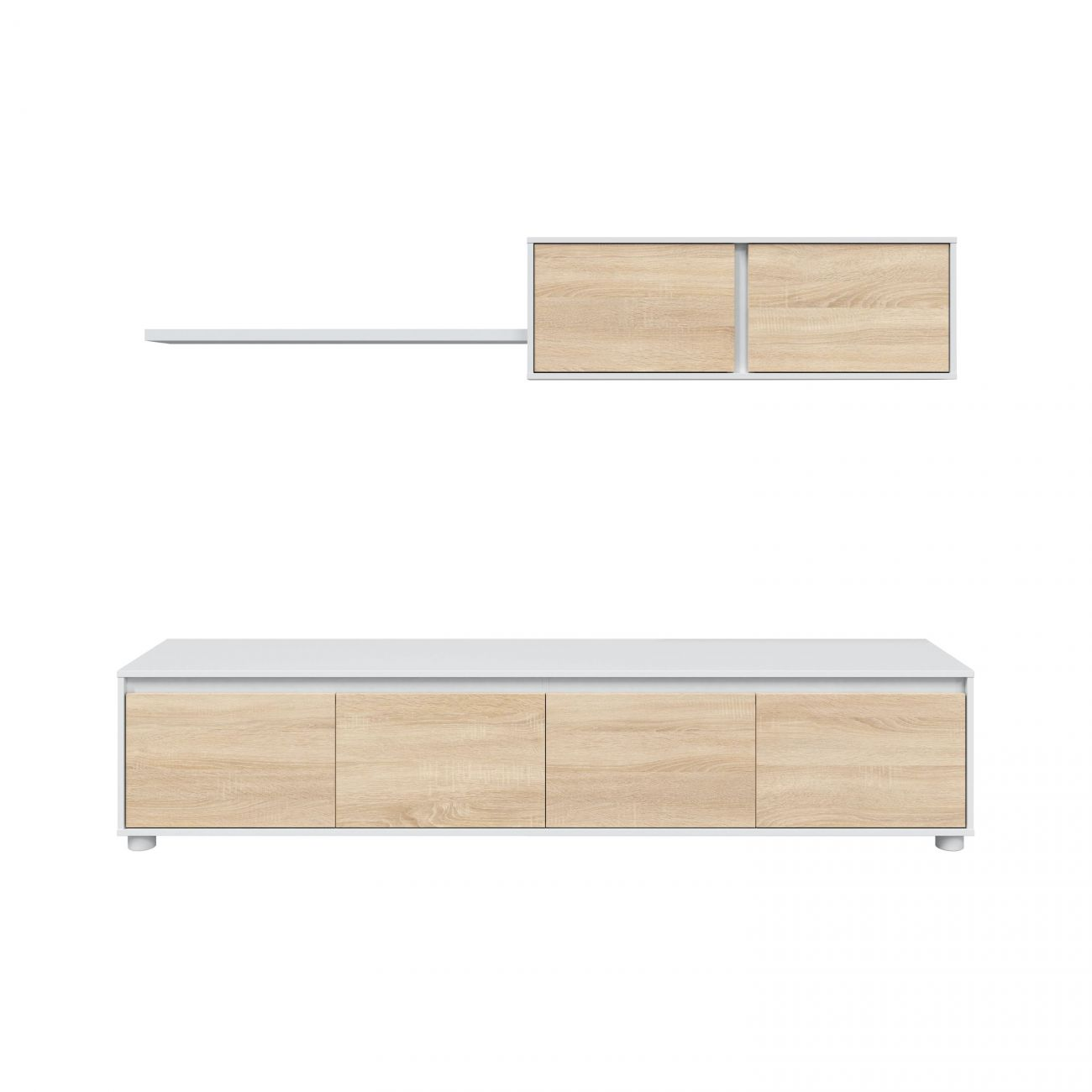 Muebles blancos y de madera clara: un mueble largo y un estante de pared con armario.