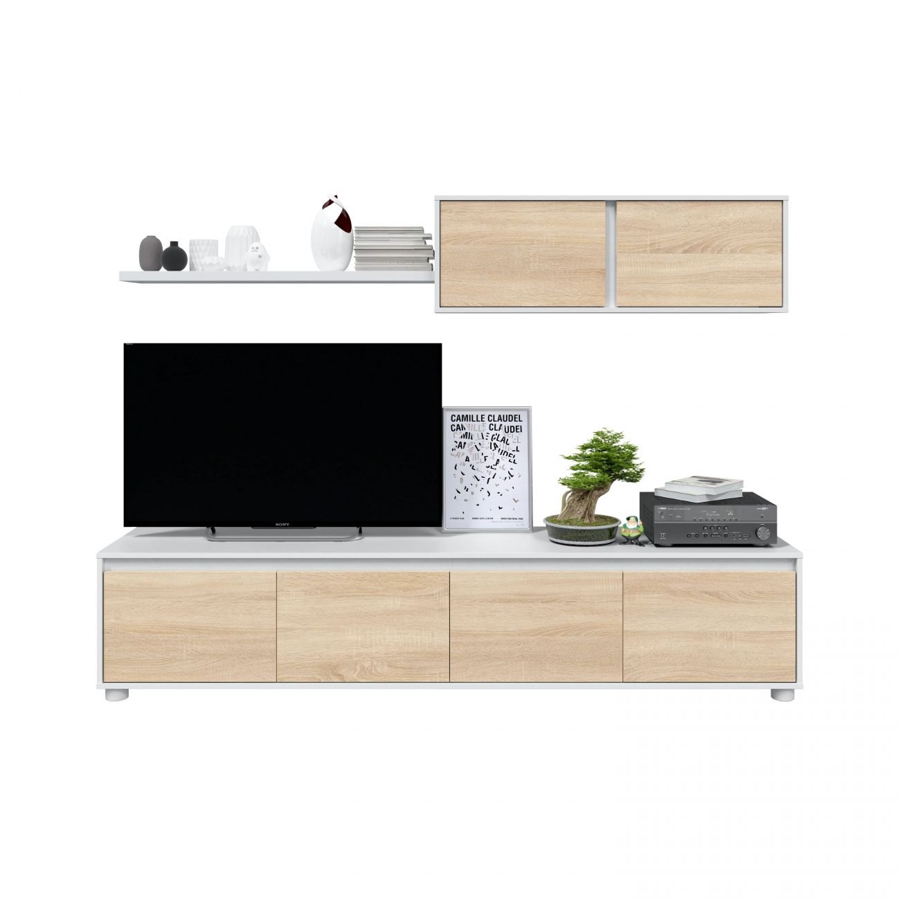 Un televisor negro sobre un mueble de TV blanco y de madera con decoraciones.