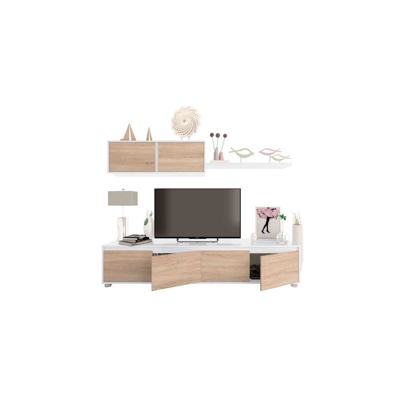 Un mueble de TV moderno con compartimentos abiertos, TV, lámpara y decoración.