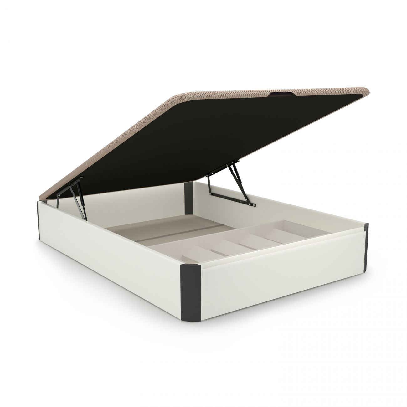 Canapé de cama blanco abierto con tapa beige/negra y amortiguadores.