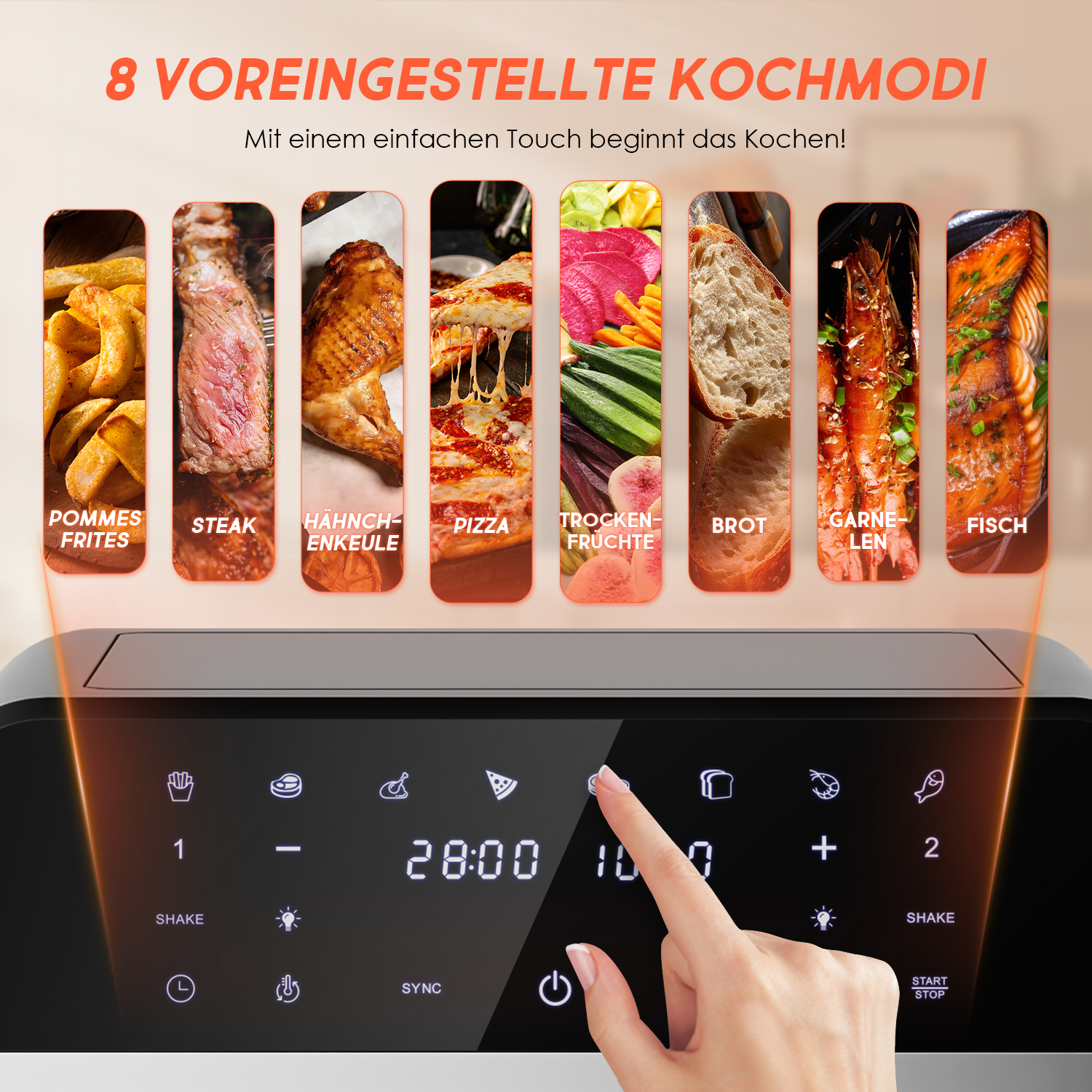 Airfryer mit 8 Kochmodi: Pommes, Steak, Huhn, Pizza, Obst, Brot, Garnelen, Fisch.