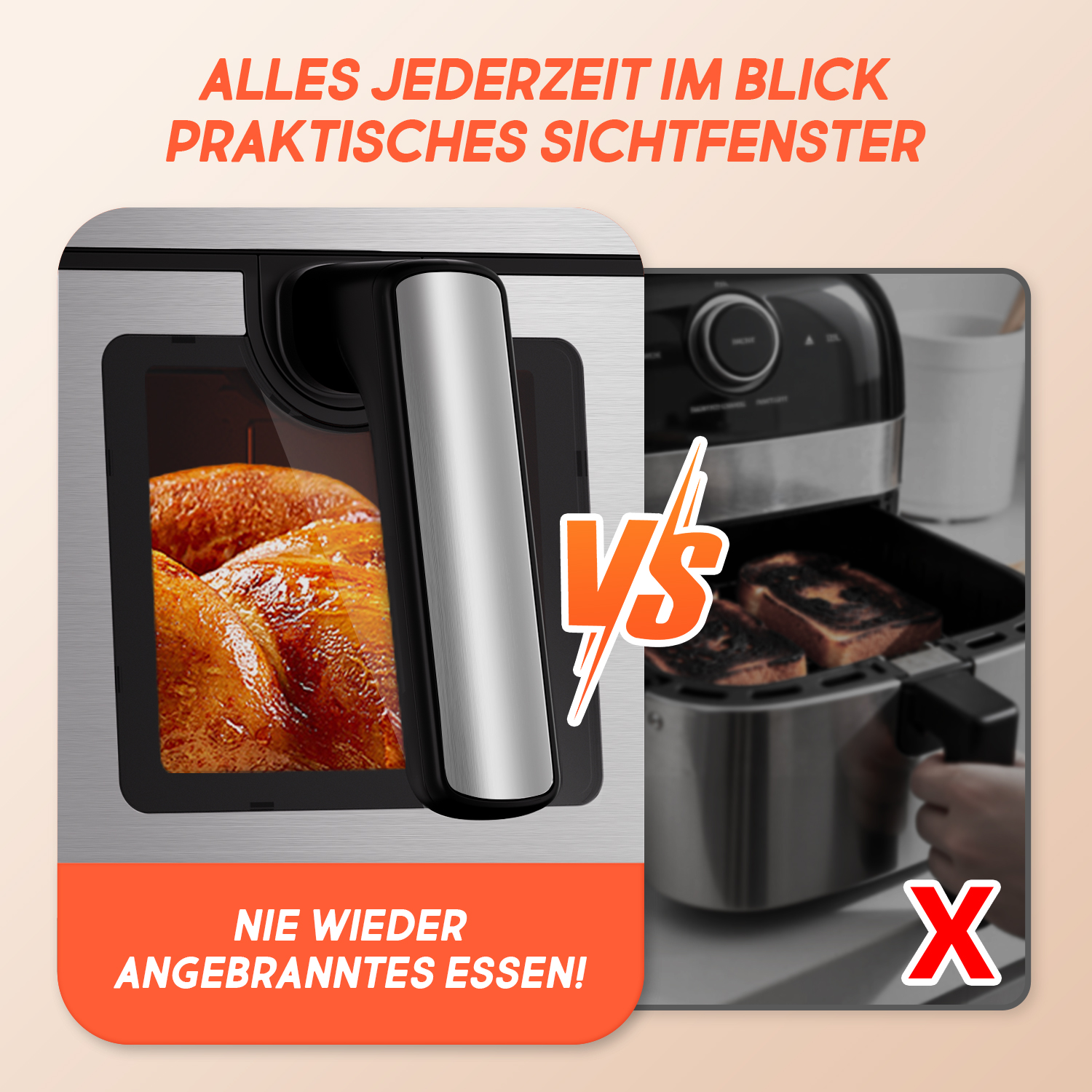 Zwei Heißluftfritteusen im Vergleich: eine mit perfekt gebratenem Essen, eine mit verbranntem Toast.
