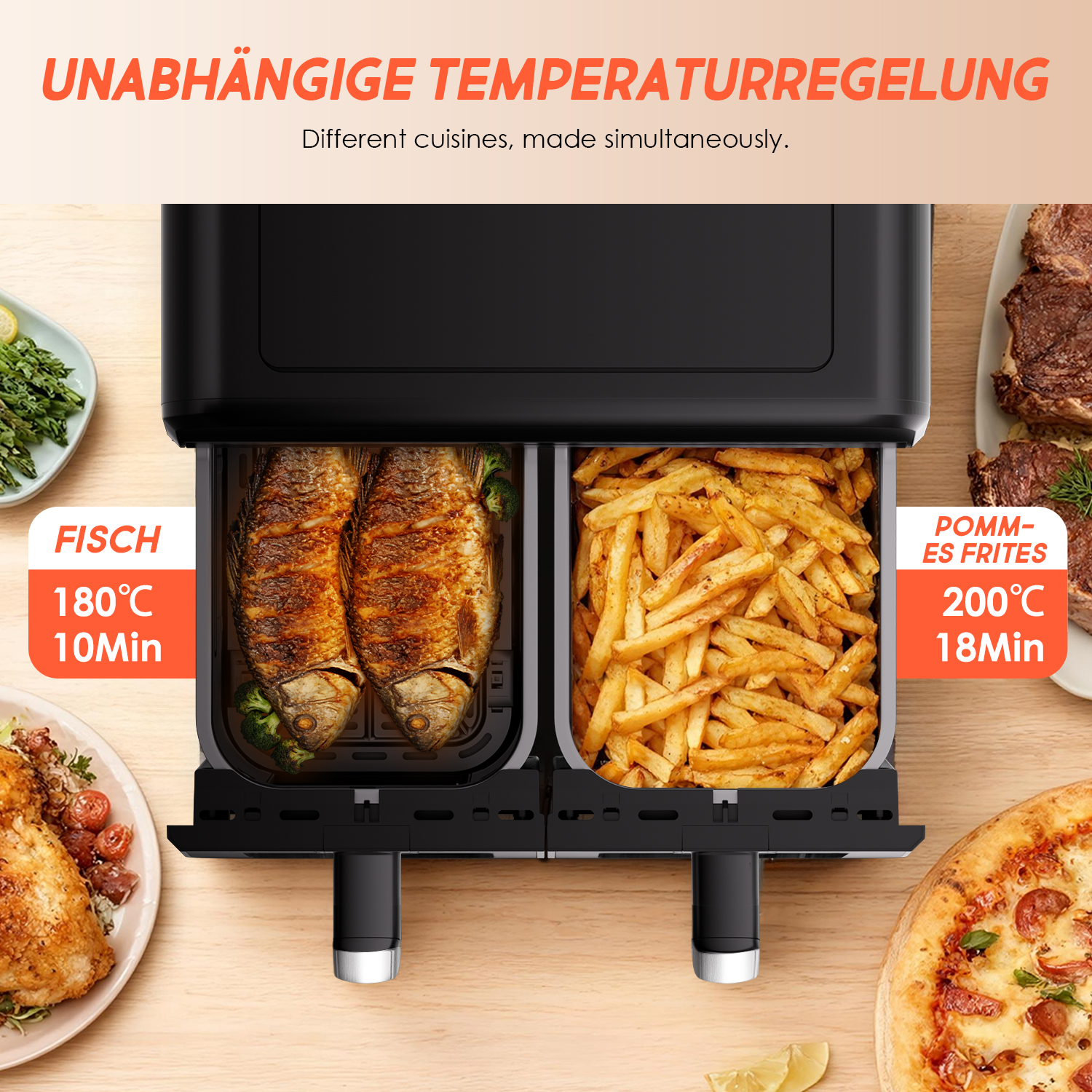 Ein schwarzer Doppeldruck-Heißluftfritteuse mit Fisch und Pommes. Daneben sind Huhn, Spargel, Steak und Pizza.