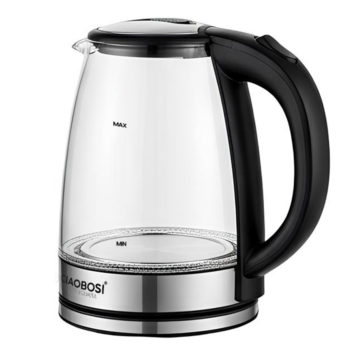 Una tetera de vidrio transparente con asa negra y base plateada.