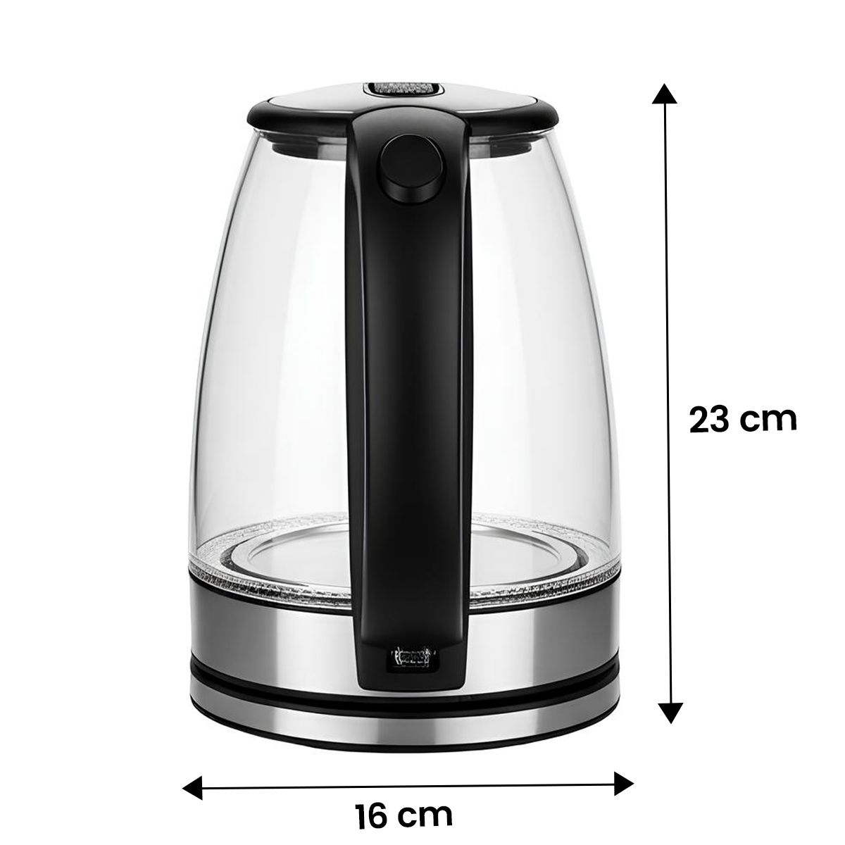 Tetera de cristal con asa negra, 23 cm de alto, 16 cm de ancho.