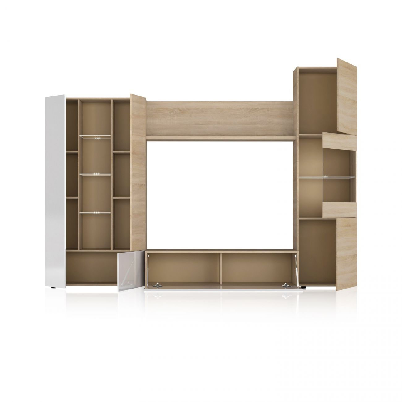 Moderna unidad de entretenimiento blanca y de madera con muchos compartimentos.