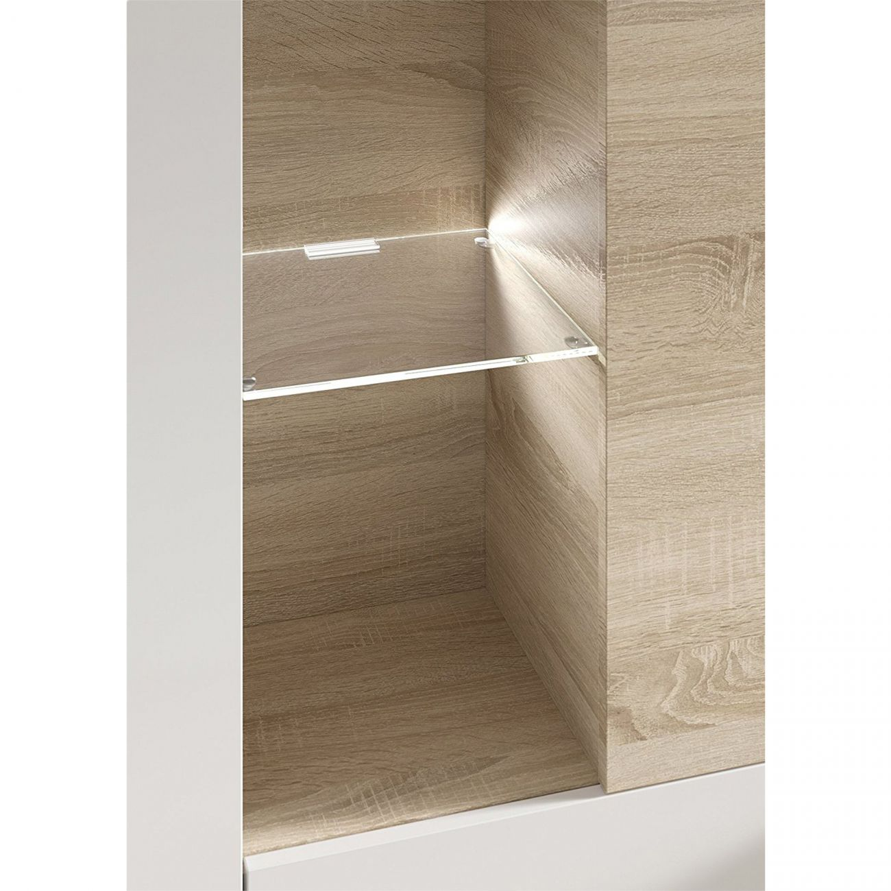 Un estante abierto con veta de madera, estantes de cristal e iluminación integrada.