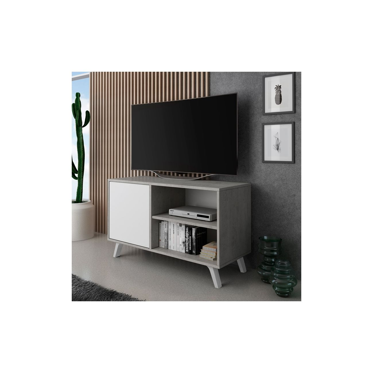 Un mueble de TV con televisor, libros, cactus y decoración.