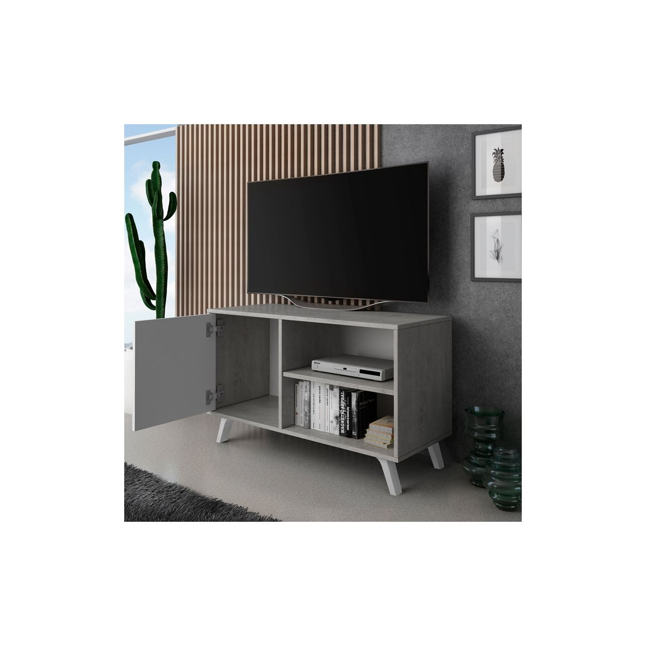 Mueble de TV gris con estante abierto, reproductor de DVD y libros.