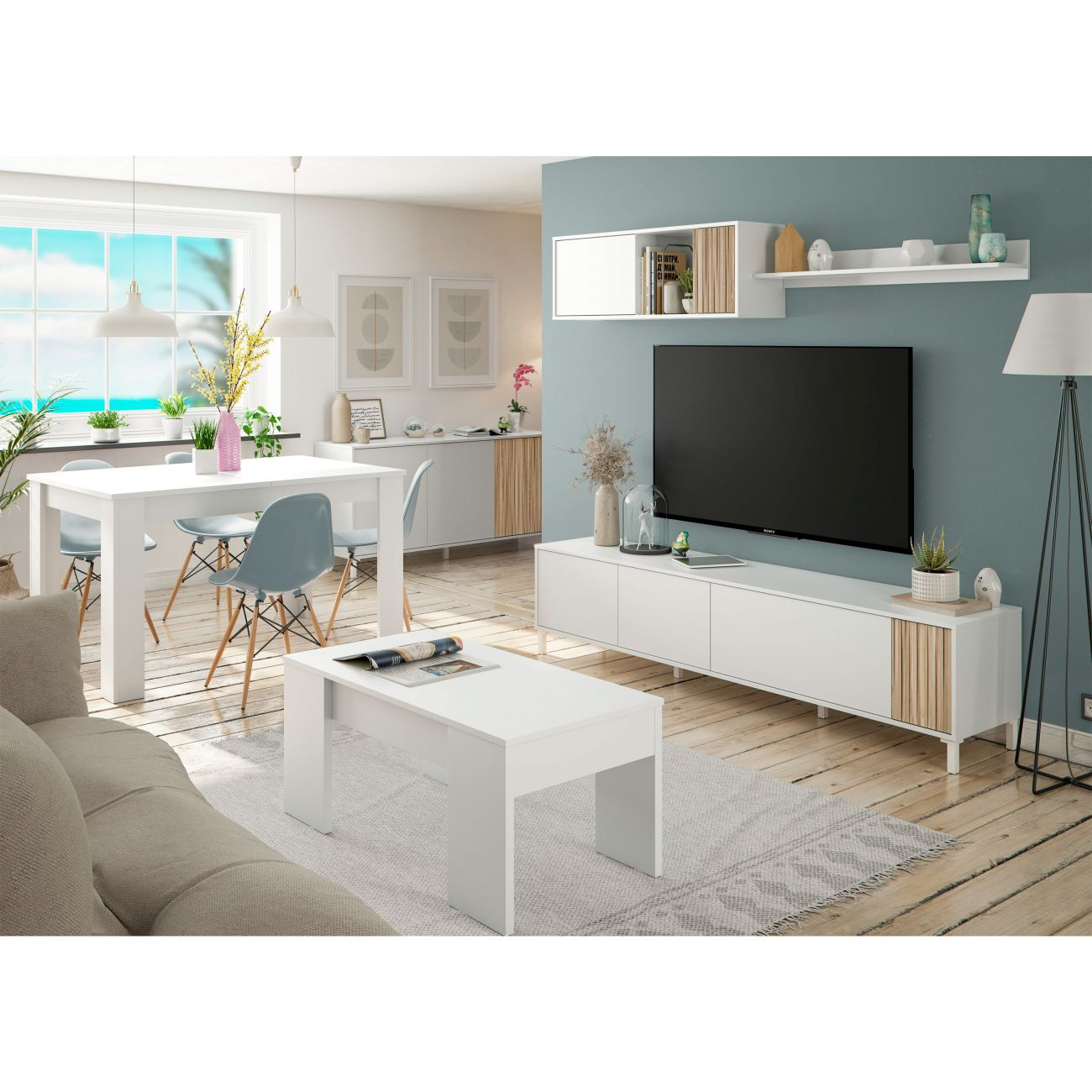 Sala de estar moderna con mesa de comedor, sofá y mueble de TV en blanco y madera.