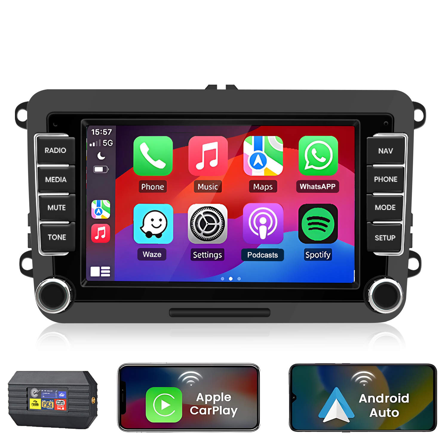Ein Autoradio mit Touchscreen zeigt App-Icons wie Telefon, Musik und WhatsApp.