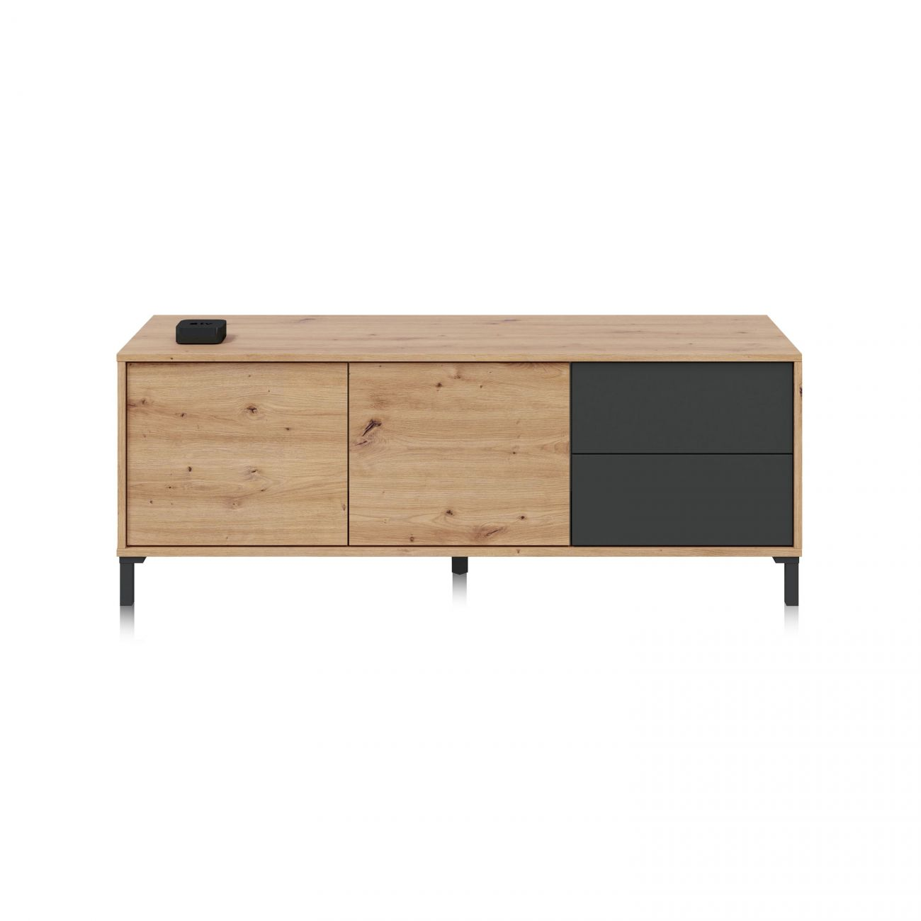 Mueble de madera con dos puertas a la izquierda y dos cajones oscuros a la derecha.