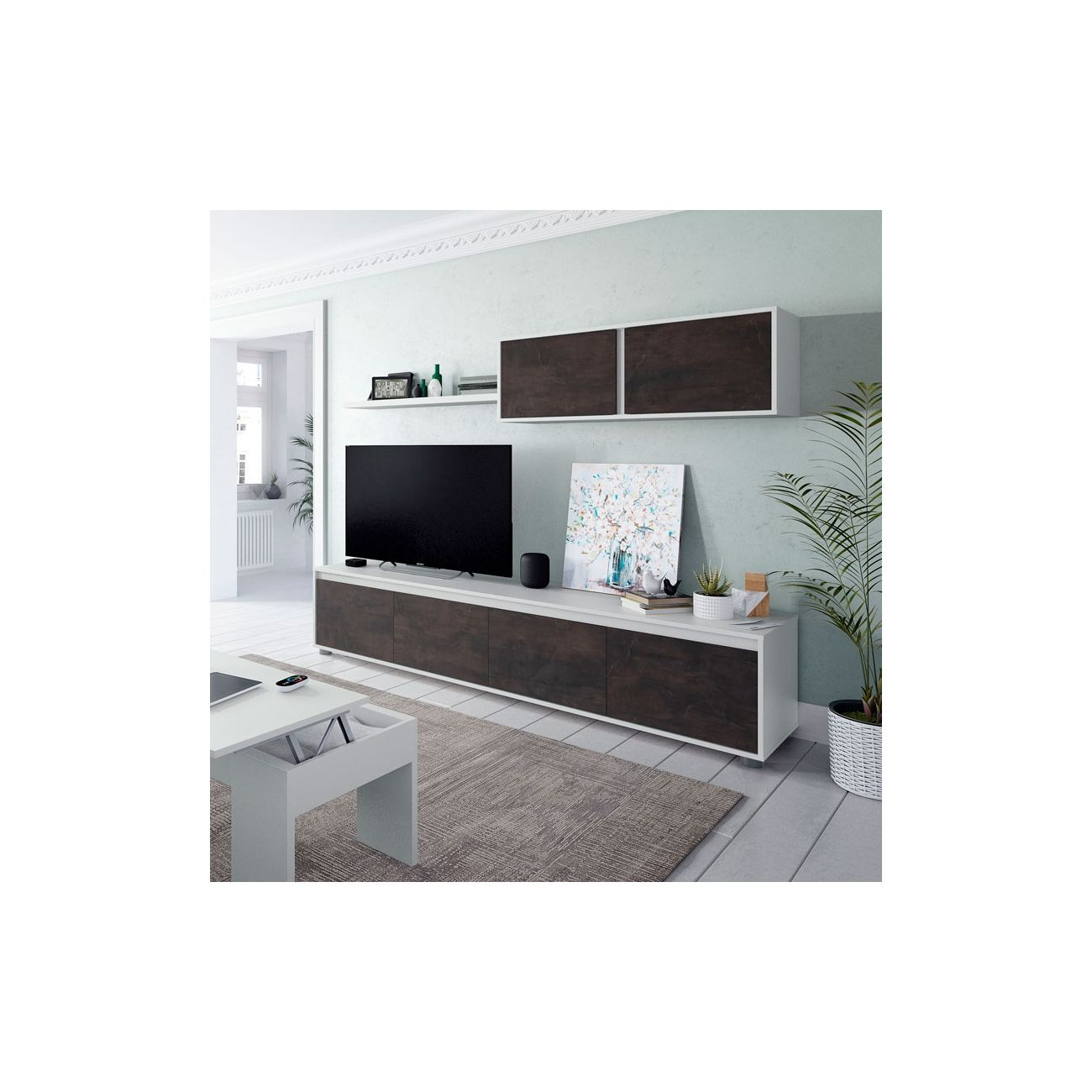 Mueble de TV moderno para sala de estar con estante, obra de arte y planta.