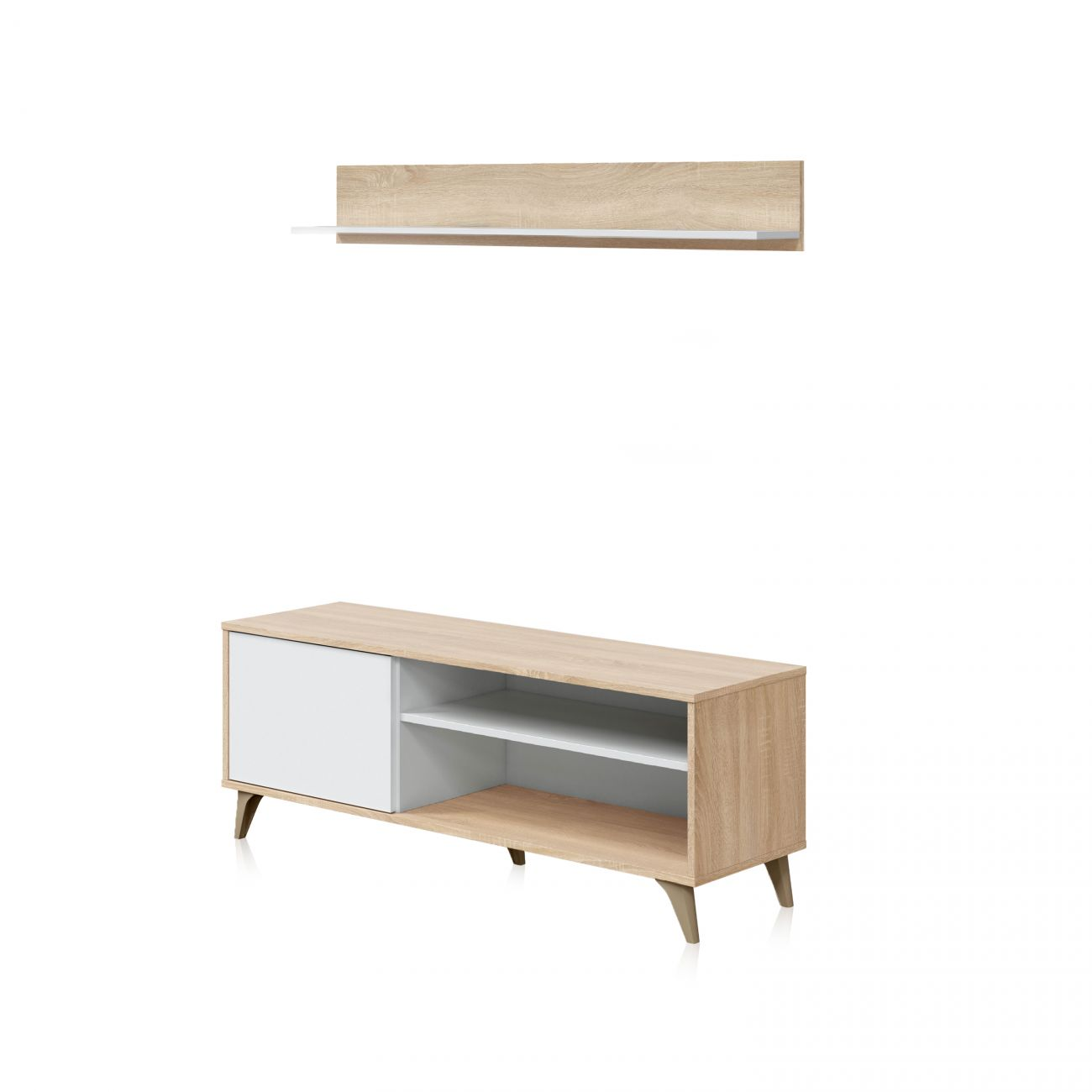 Un mueble de TV de madera con puerta blanca y estantes abiertos, encima un estante.