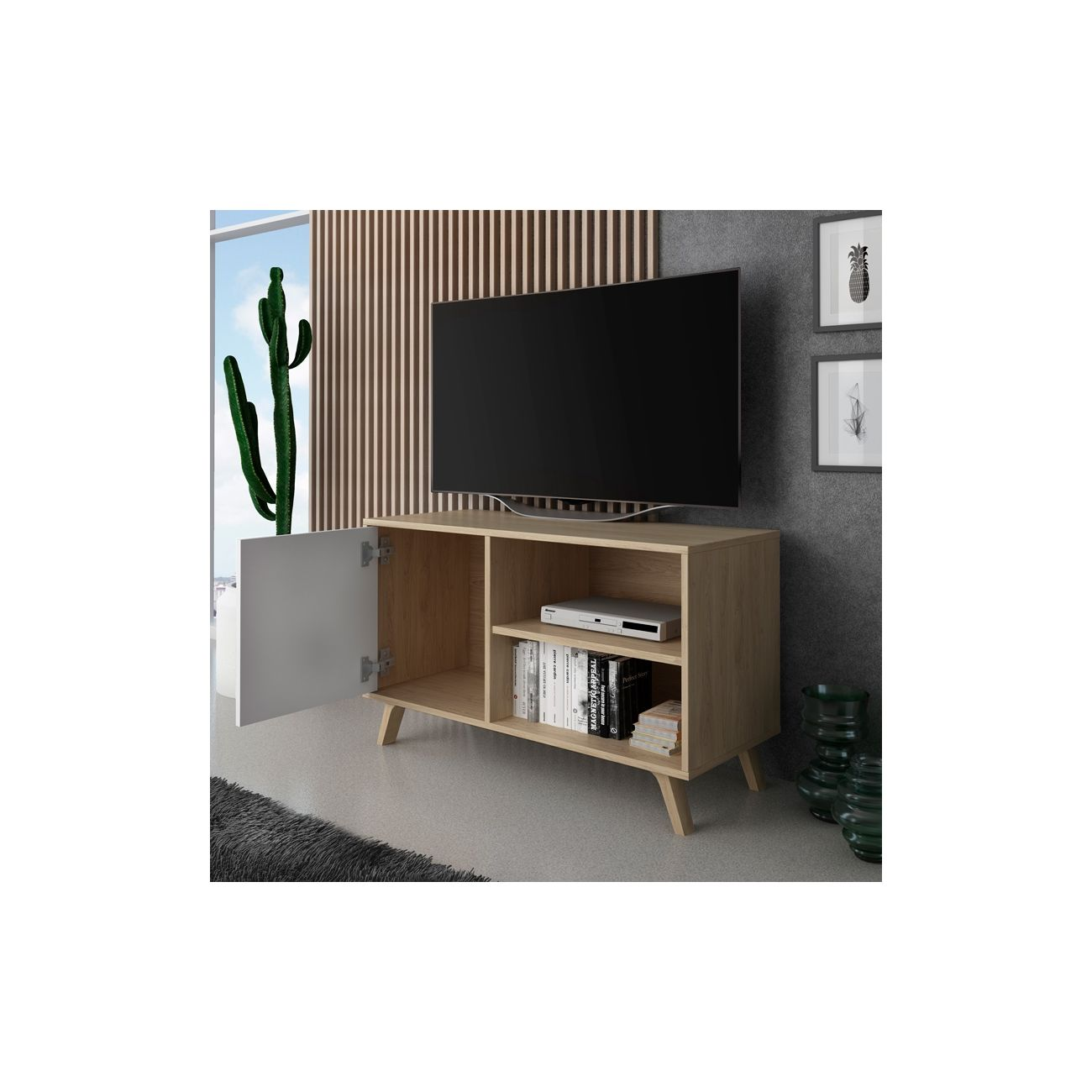 Un mueble de TV de madera con estante abierto, libros y un receptor multimedia.