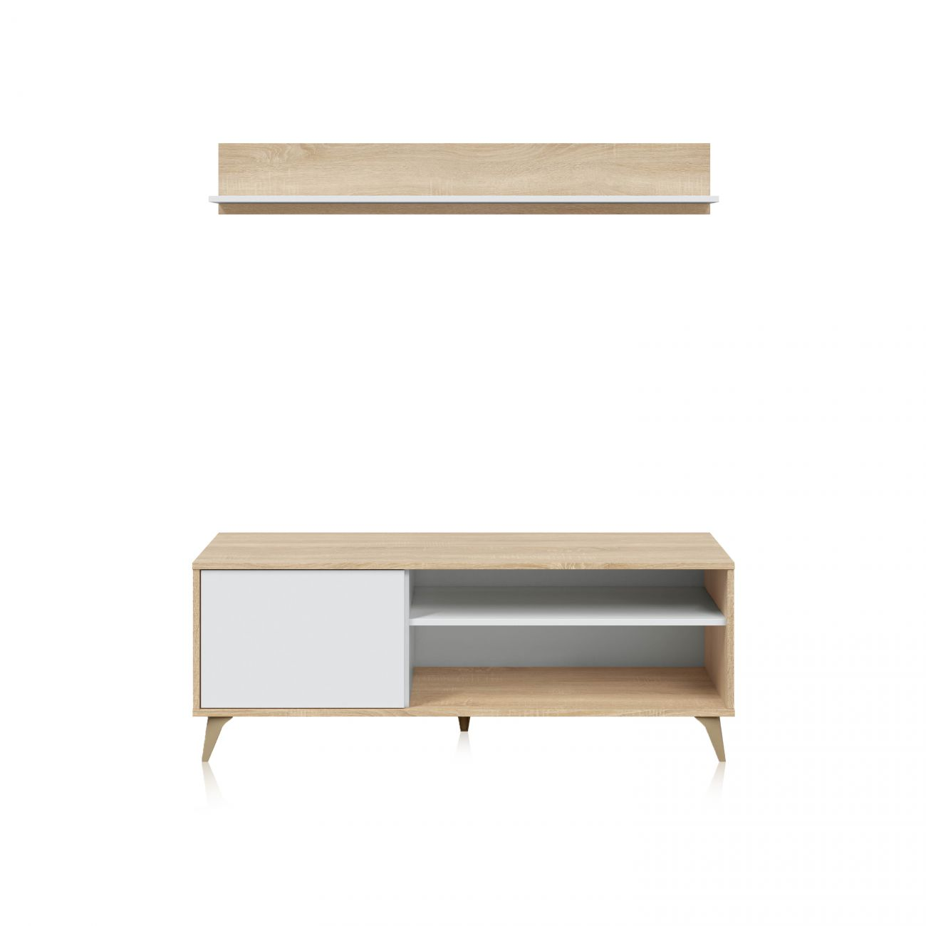 Un mueble de TV de madera clara con puerta blanca y estantes abiertos, encima una repisa.