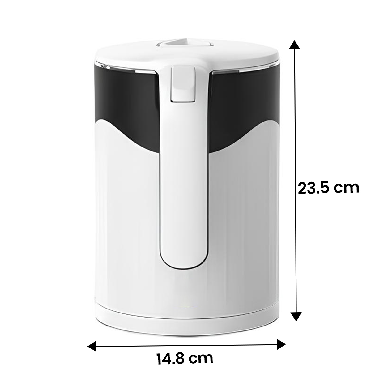 Weiße und schwarze elektrische Teekanne, 23,5 cm hoch, 14,8 cm breit.