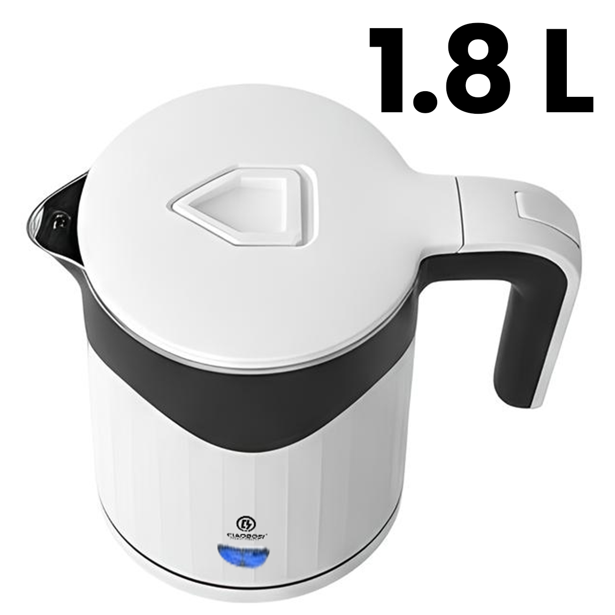 Weiße 1,8-Liter-Wasserkocher mit schwarzem Band und blauer Beleuchtung.