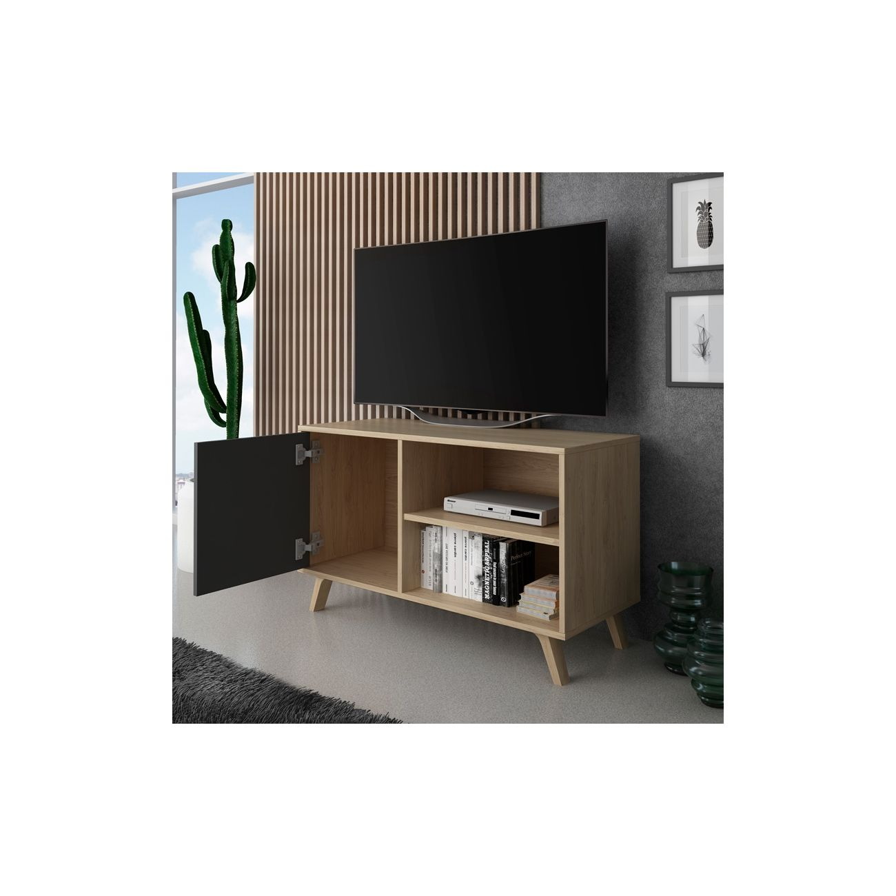 Mueble de TV de madera con estante abierto, lleno de libros y reproductor de DVD.