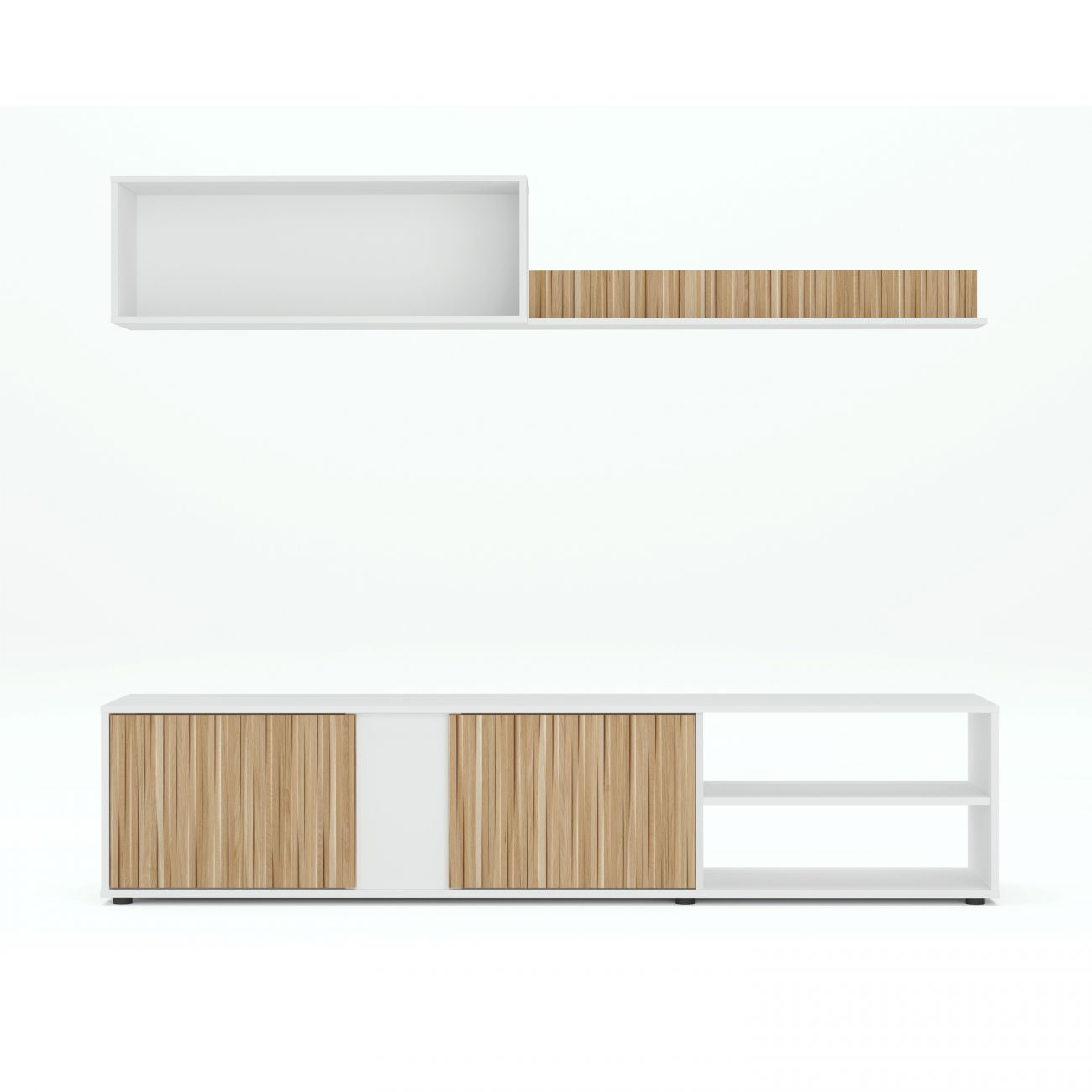 Muebles blancos y de madera: una estantería y un armario con puertas de lamas.