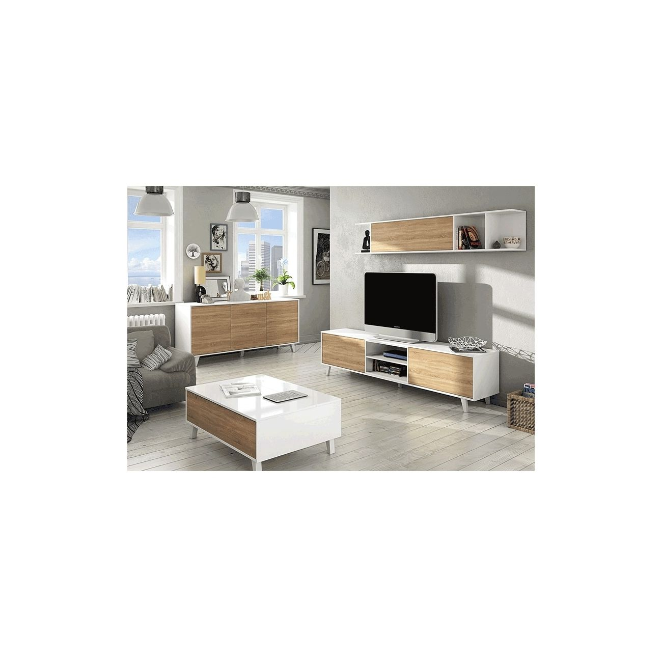 Sala de estar moderna con muebles blancos y de madera, TV y sofá.