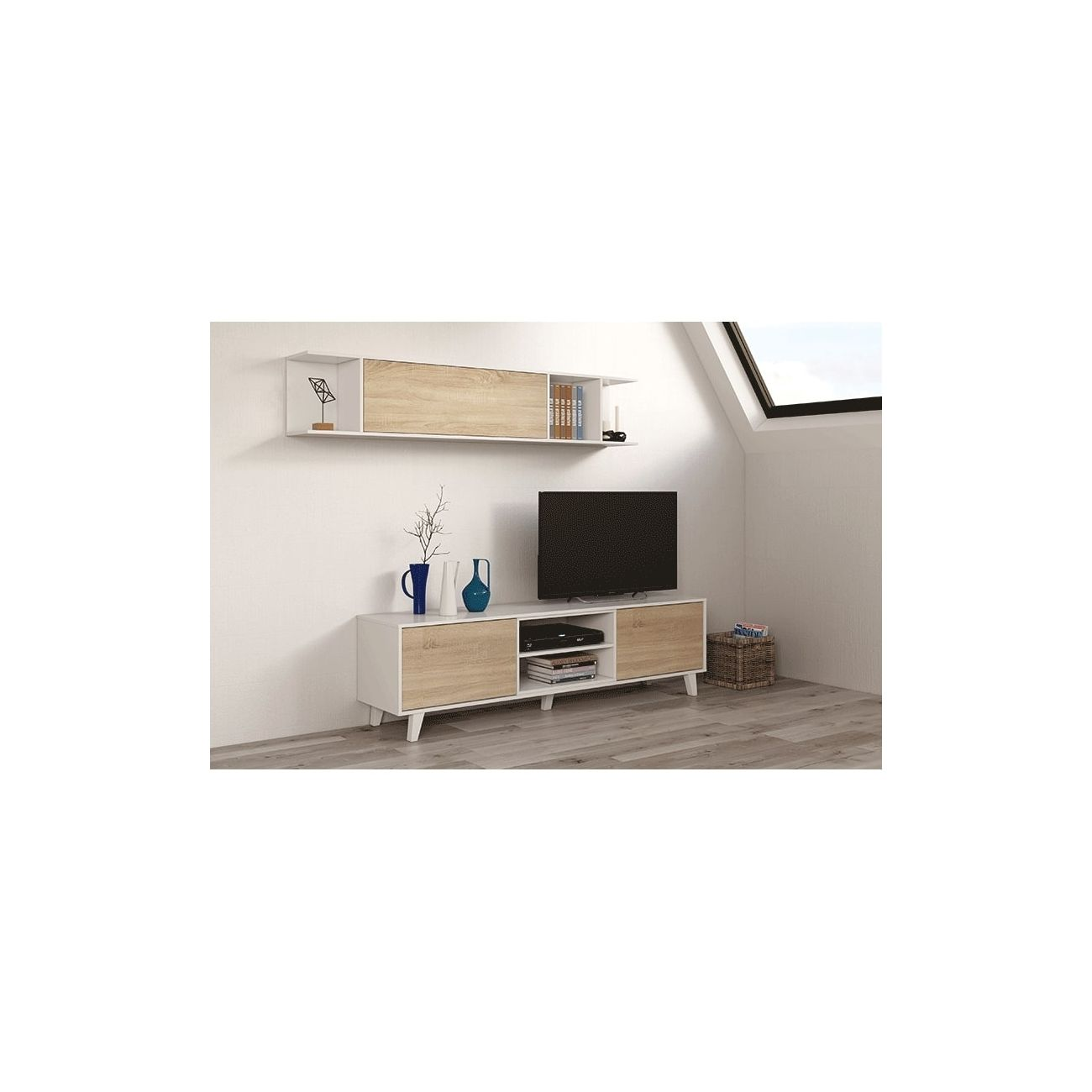 Un mueble de TV blanco con frentes de madera y un televisor negro.