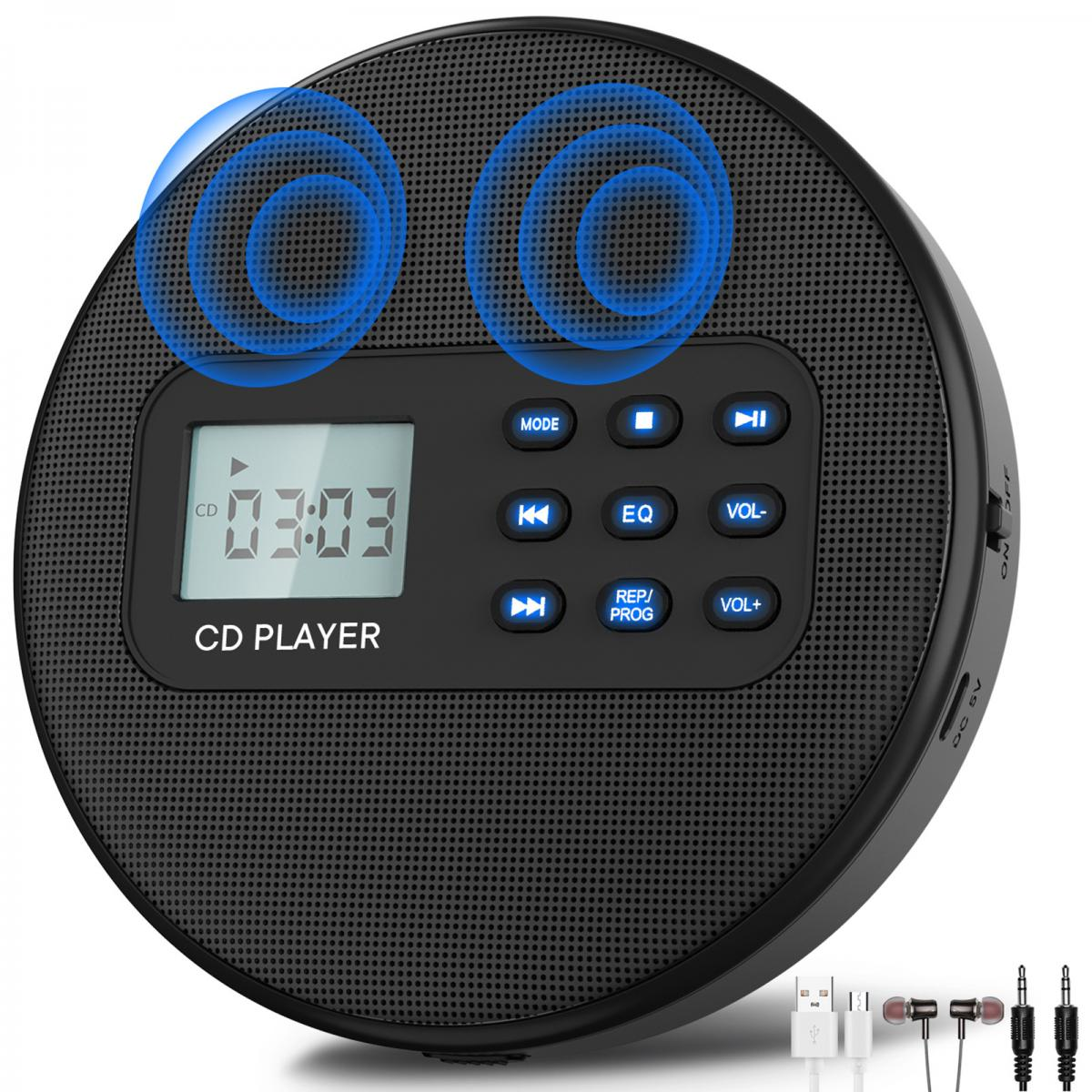 Schwarzer, tragbarer CD-Player mit beleuchteten Tasten und LCD-Display.