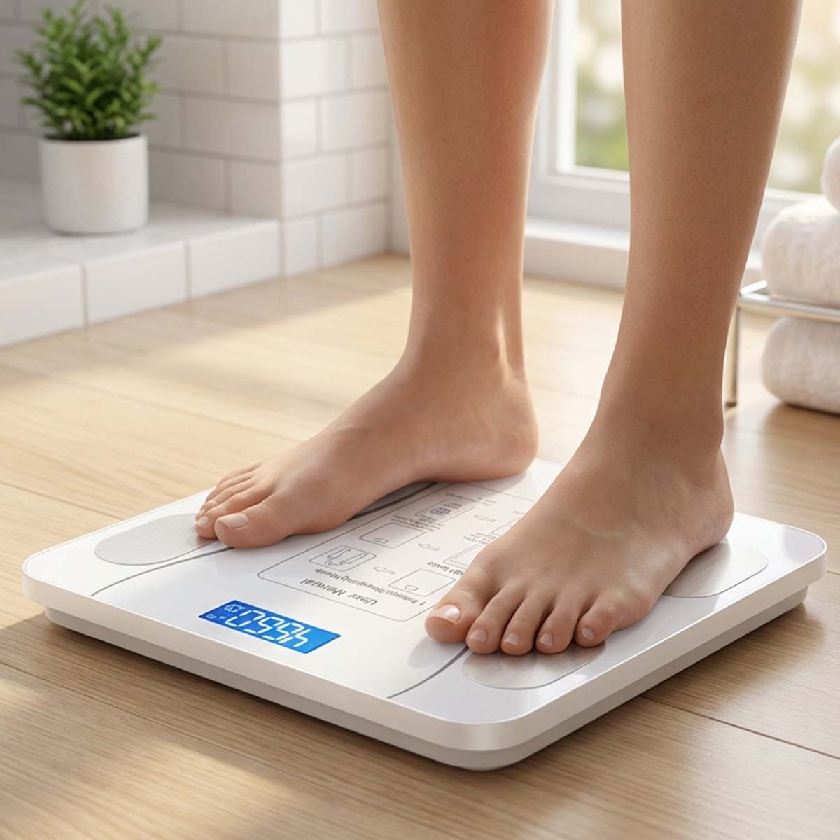 Füße auf einer digitalen Personenwaage, die 46.6 kg anzeigt.