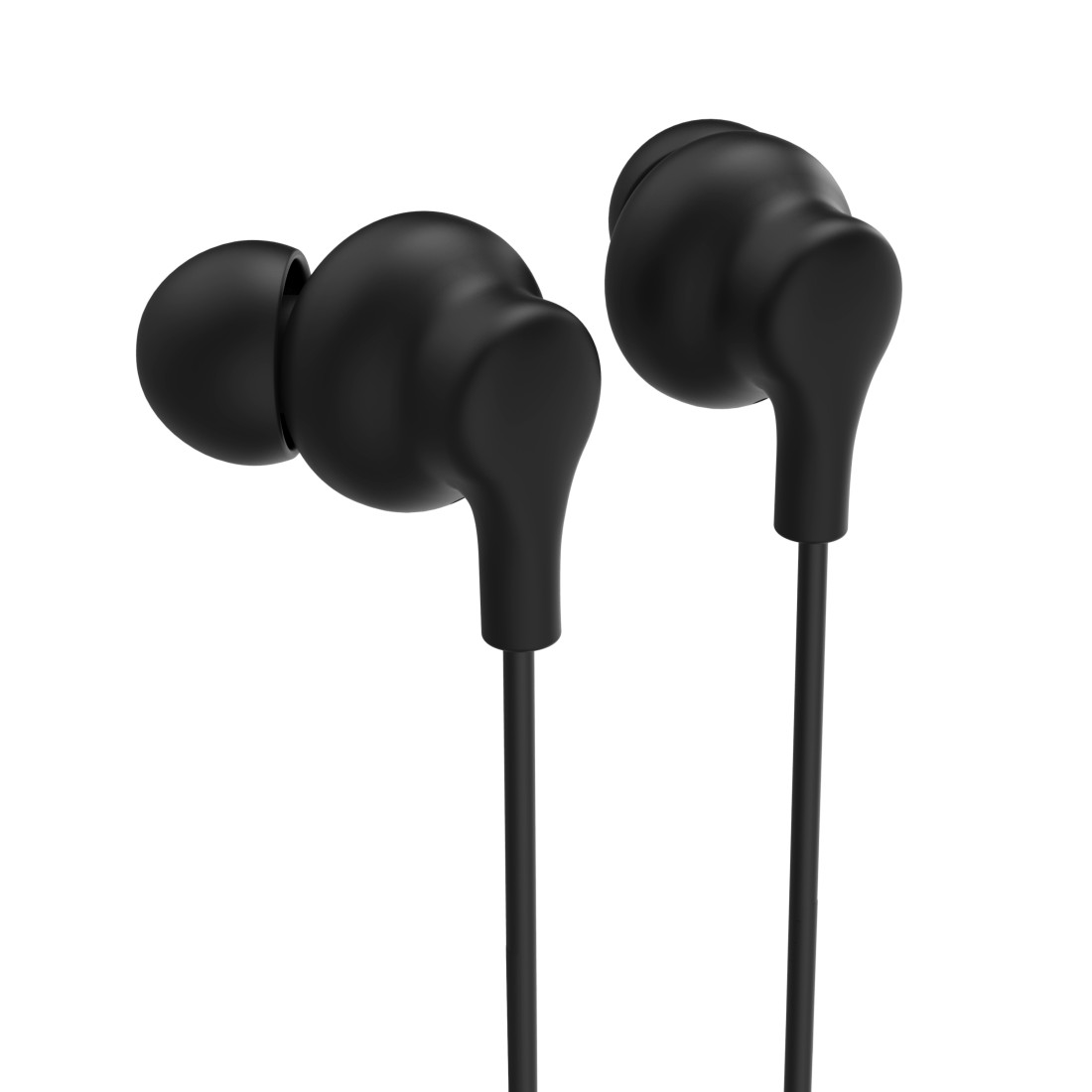 Zwei schwarze In-Ear-Kopfhörer mit Kabeln, auf weißem Hintergrund.