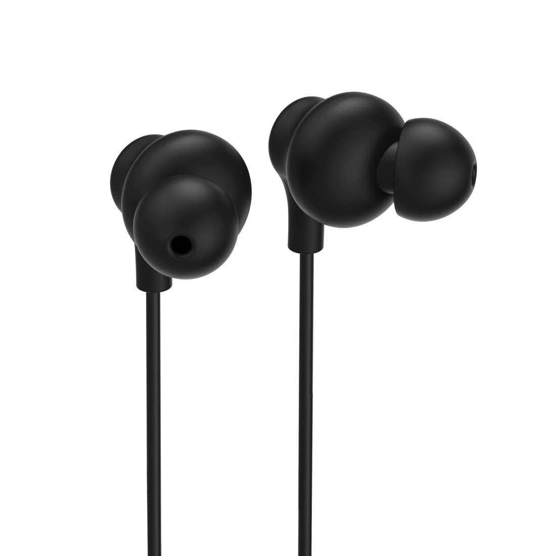 Schwarze In-Ear-Kopfhörer mit Kabeln, isoliert auf weißem Hintergrund.