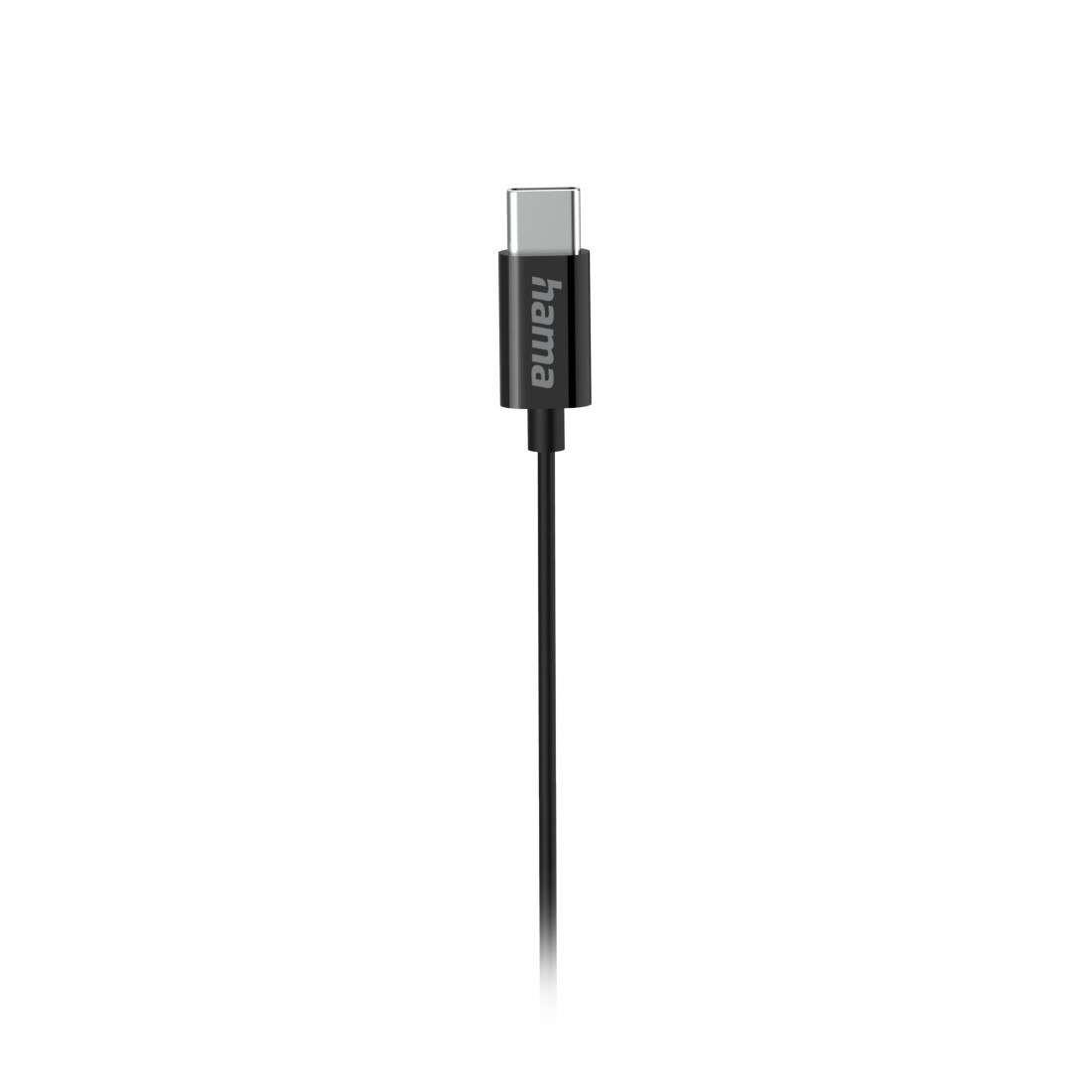 Ein schwarzer USB-C-Stecker mit dem Hama-Logo auf weißem Hintergrund.