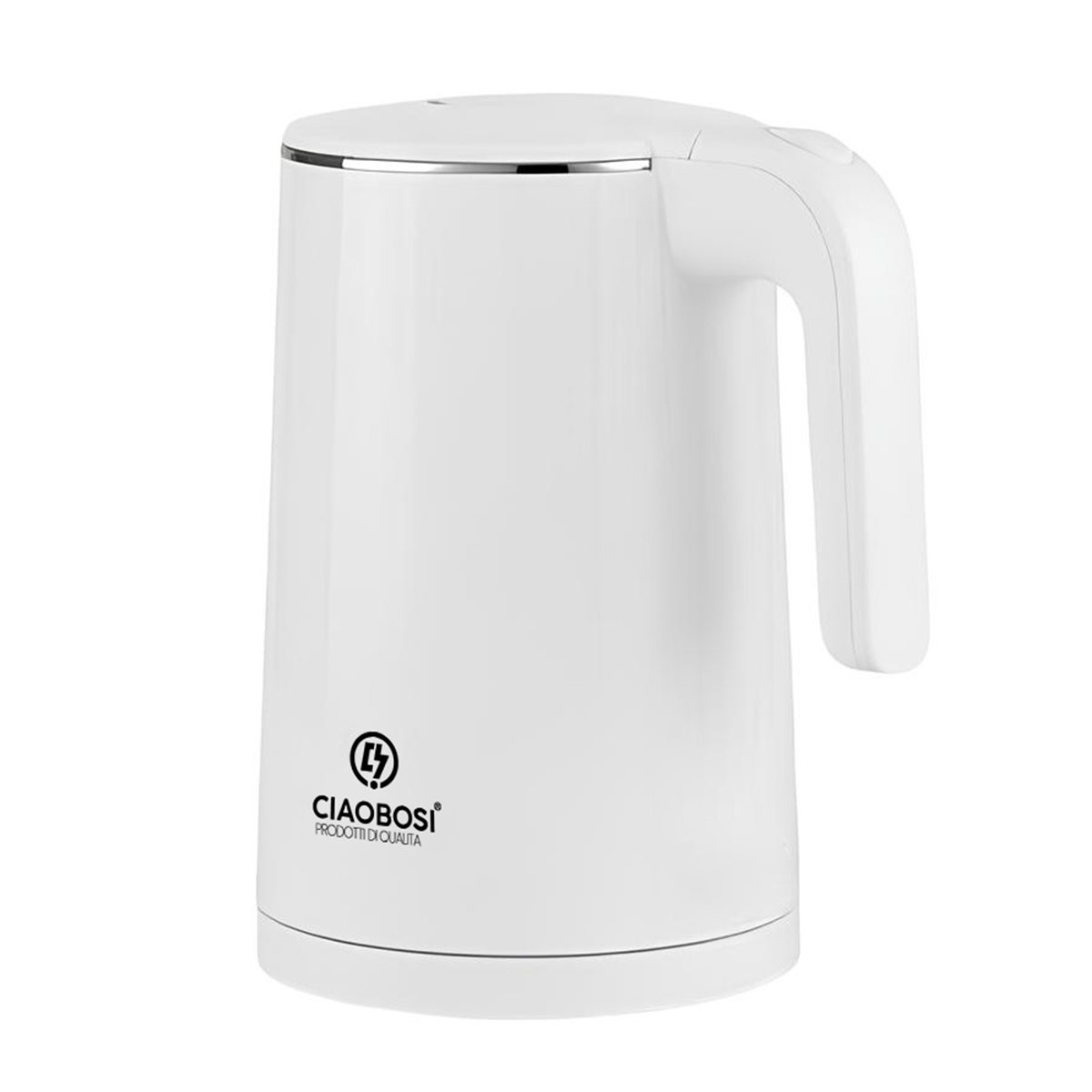 Ein weißer Wasserkocher mit silbernem Rand und schwarzem Logo auf weißem Hintergrund.