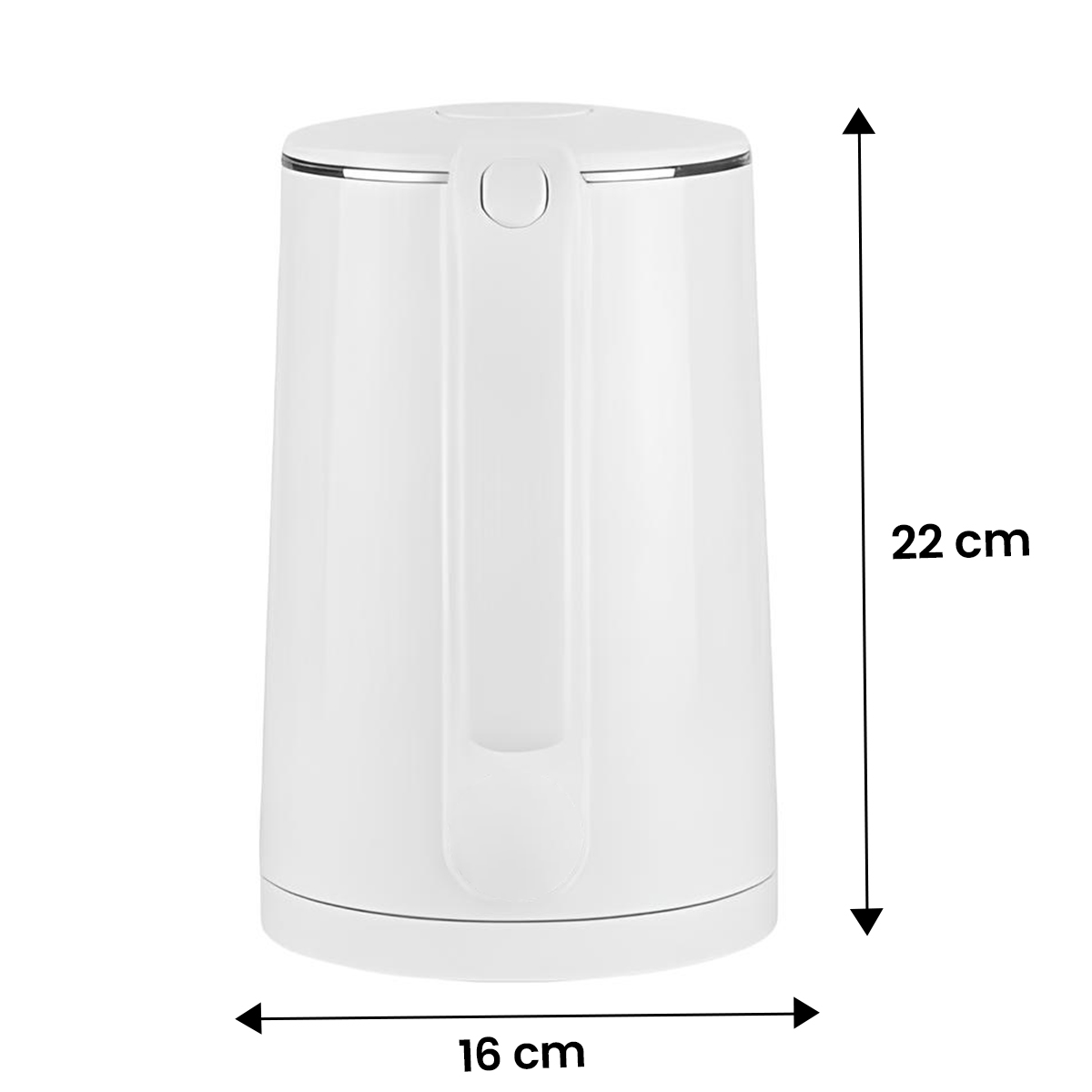 Wei<lt/>/0xC3¼er Wasserkocher, 22 cm hoch, 16 cm breit.
