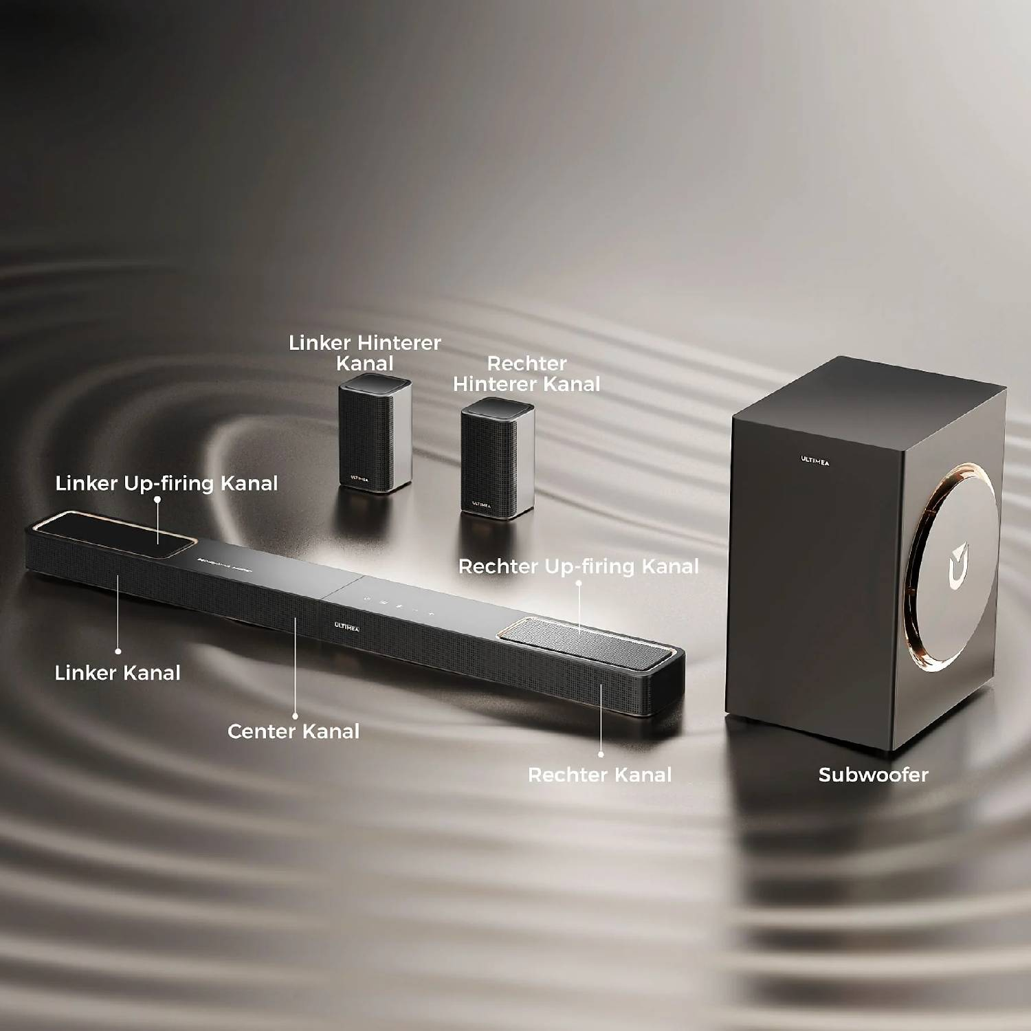 Un système audio avec barre de son, deux enceintes satellites et un caisson de basses.