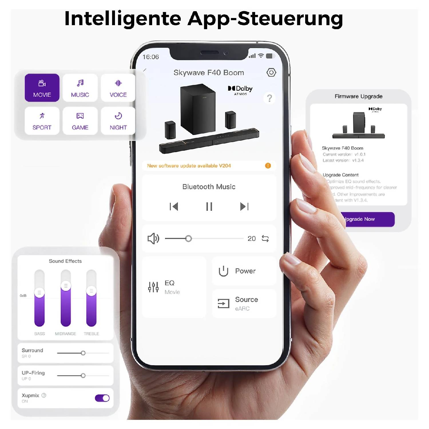 Un smartphone affiche une application pour le contrôle intelligent d'un système sonore Skywave F40 Boom.