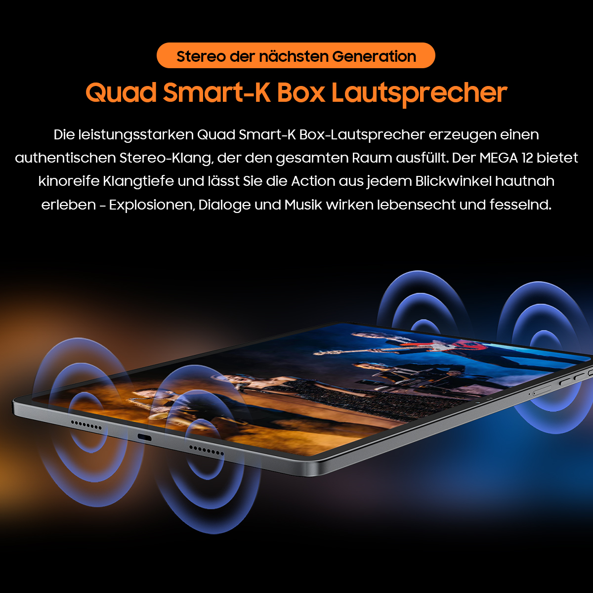 Tablet mit Band-Performance & Soundwellen. "Quad Smart-K Box Lautsprecher"