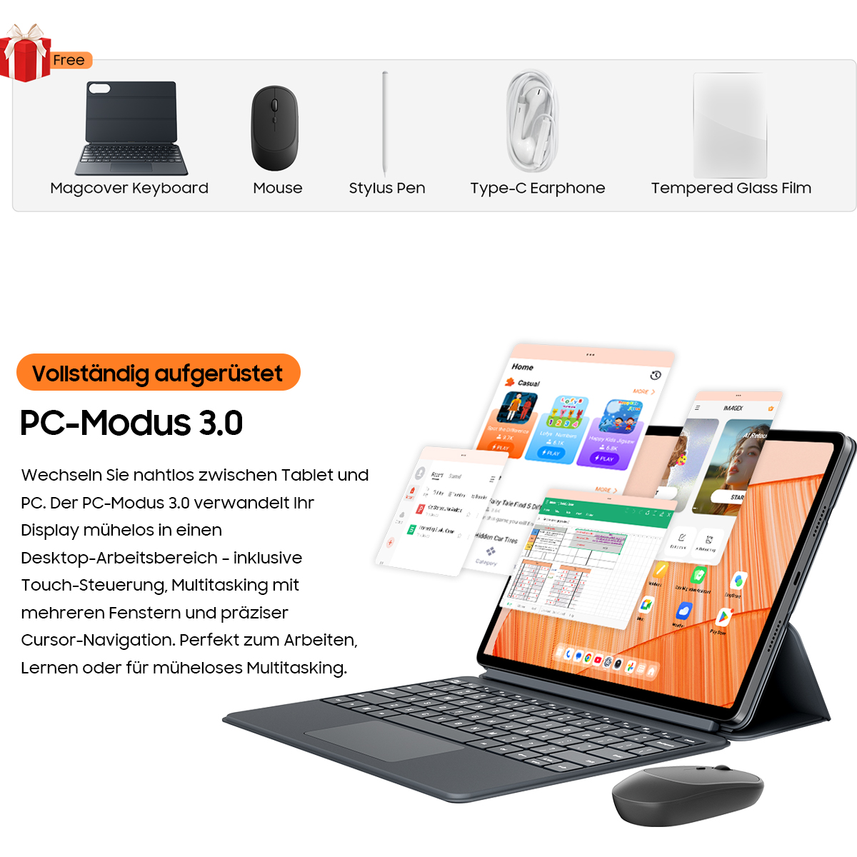Ein Tablet mit Tastatur und Maus, daneben Zubehör wie Stift und Kopfhörer.