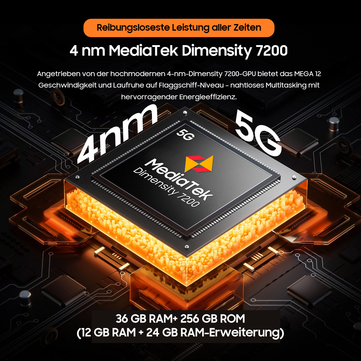 Ein 4nm MediaTek Dimensity 7200 Chip mit 5G-Logo leuchtet auf einer Platine.